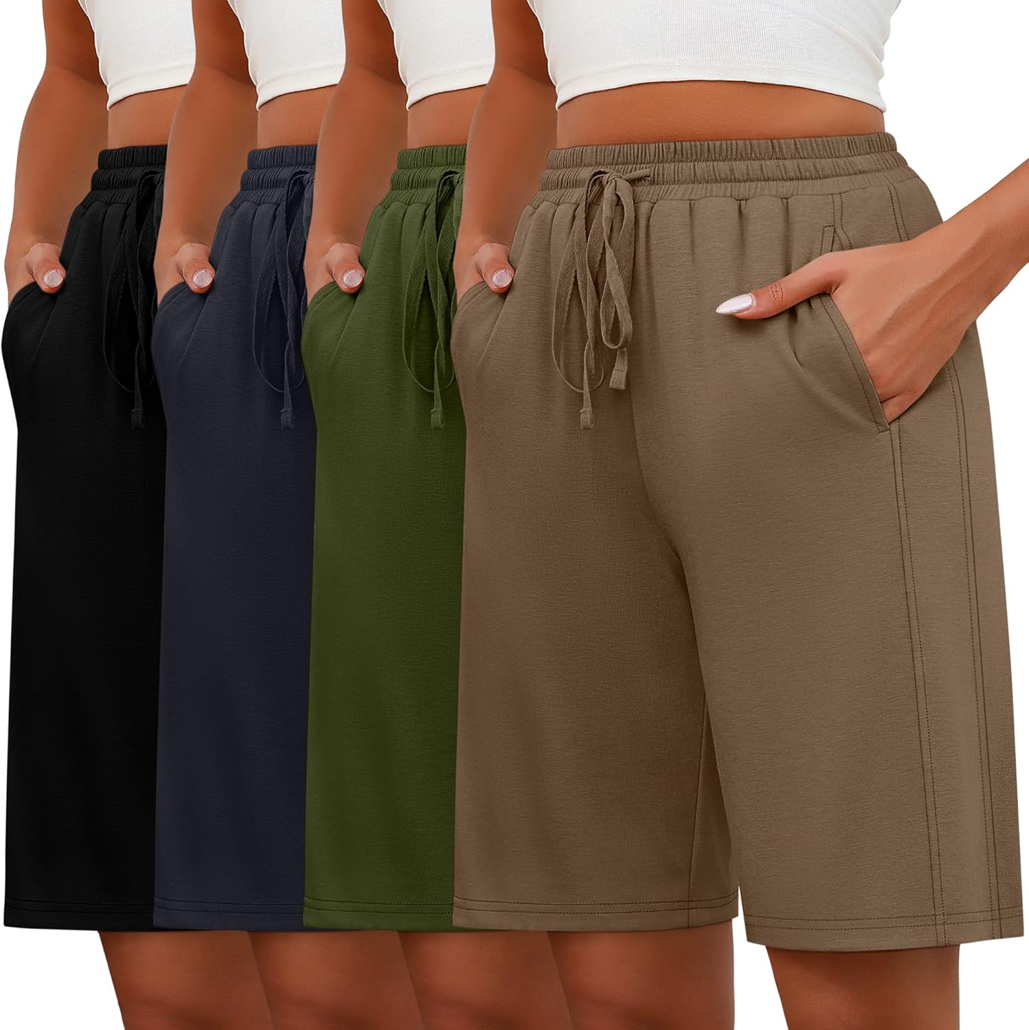 Huukeay 4 Pack Bermuda Shorts for Women Drawstring Elastic Waist Sweat Casual Wide Leg Long Shorts