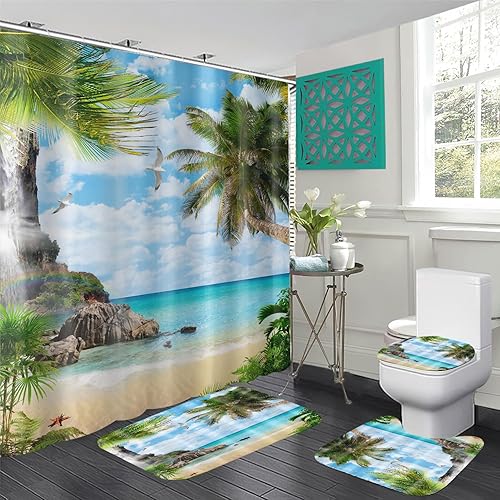 Juego de 4 cortinas de ducha con alfombra de baño, tapete en forma de U, cubierta de tapa de inodoro y 12 ganchos, accesorios de decoración de baño