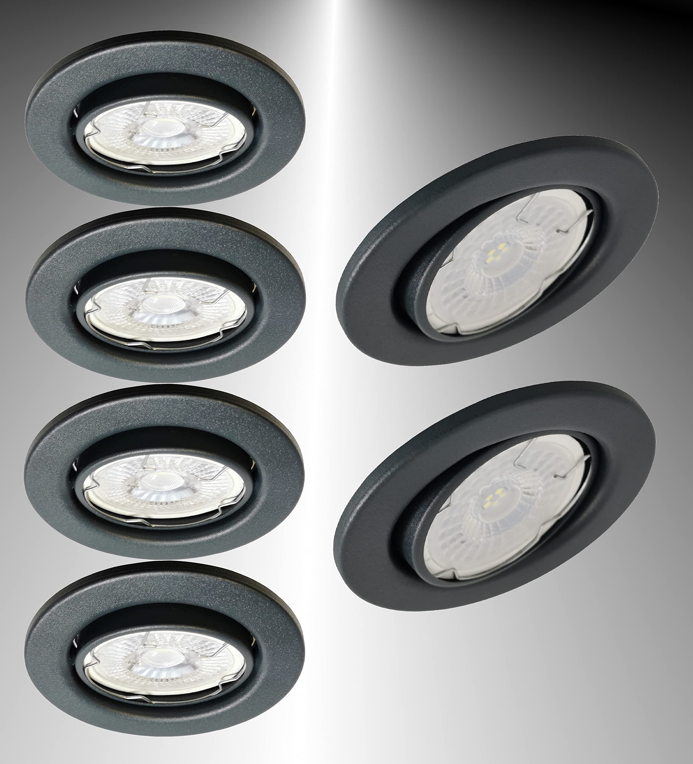 Trango 6er Set 6729-061MCOB LED Einbaustrahler in Anthrazit matt schwenkbar inkl. 6x 5 Watt 3000K warmweiß Ultra Flach LED Modul, Einbauspots, Deckenstrahler, Deckenlampe, Badleuchte, Deckenleuchte