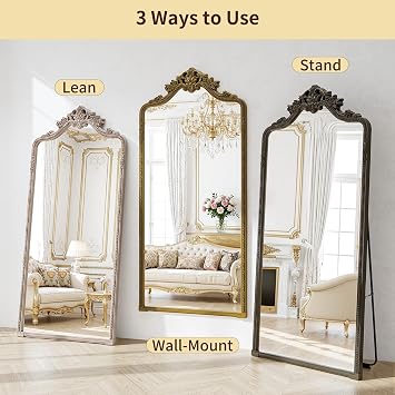 71x32Arched Full Length Floor Mirror, Gold Traditional Ornate Antique | Carved Garland Frame Body Hanging Leaning,Full Body Mirrors for Home Decor Shatter-proof Glass Wall Living Room Cloakroom