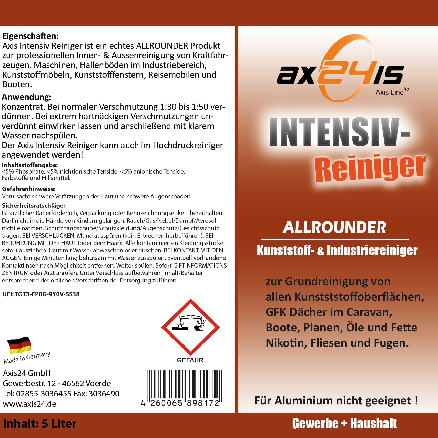Potente detergente intensivo concentrato, ideale per superfici in plastica, adatto per barche, camper e mobili da giardino, 5 litri