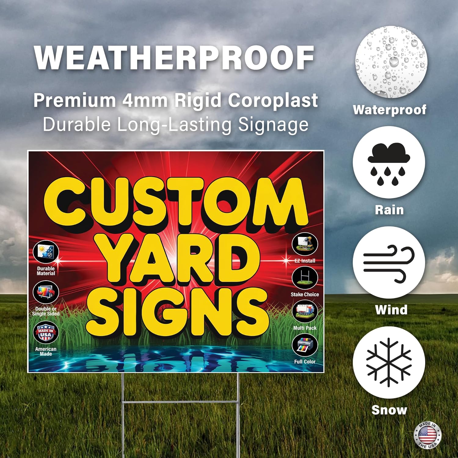 FIVE Pack of 24x18 inch Custom Yard Signs, Double and Single Sided Print, Metal H-Stakes, Durable 4mm Coroplast, Personalized Full Color Printing