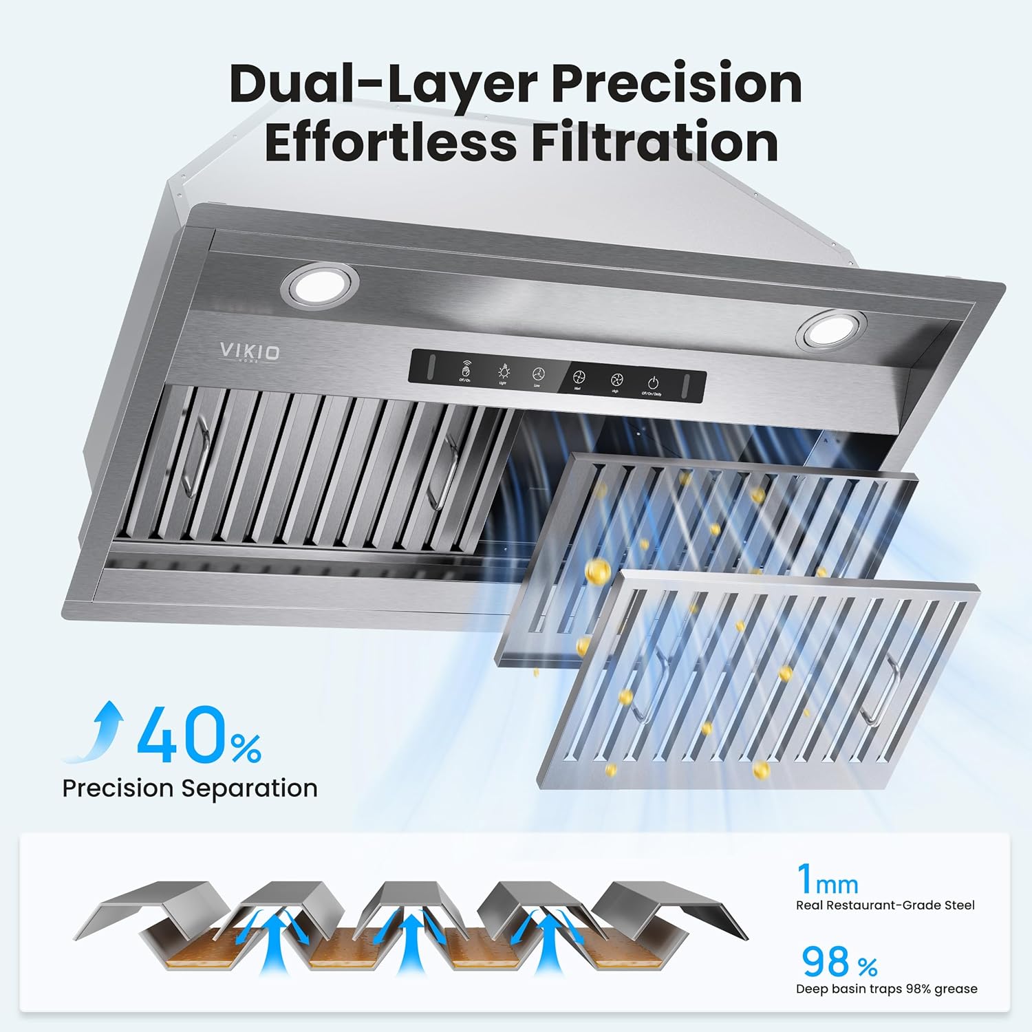 Diagram showing dimensions and compatible installation types for the VIKIO HOME Range Hood RB30 model.