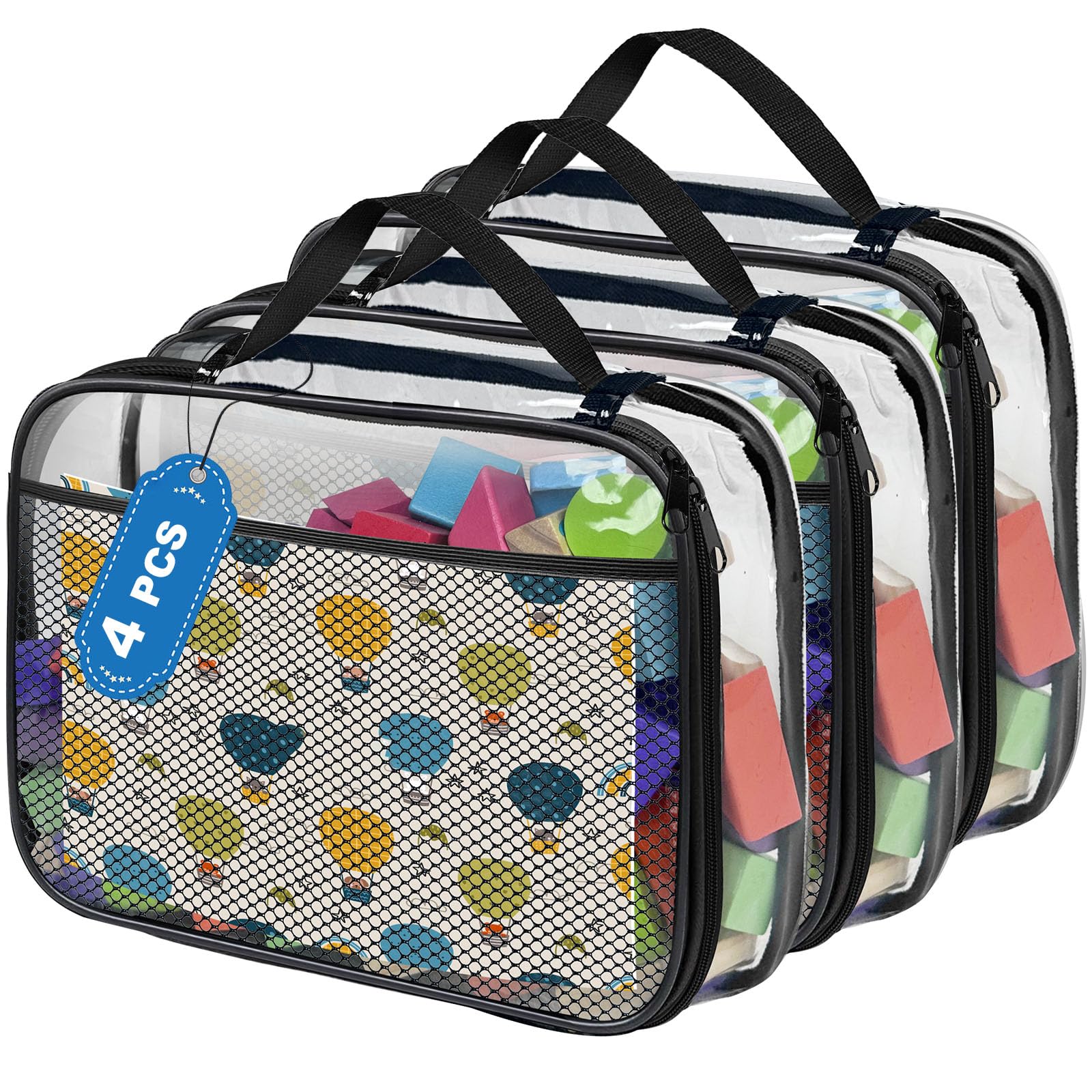 Juego de 4 Fundas Organizadoras de PVC para Juguetes, Neceser con Cremallera y Bolsillos Laterales de Red para Juguetes de Baño, Puzzles y Bloques de Construcción (L 23x8x30 cm)