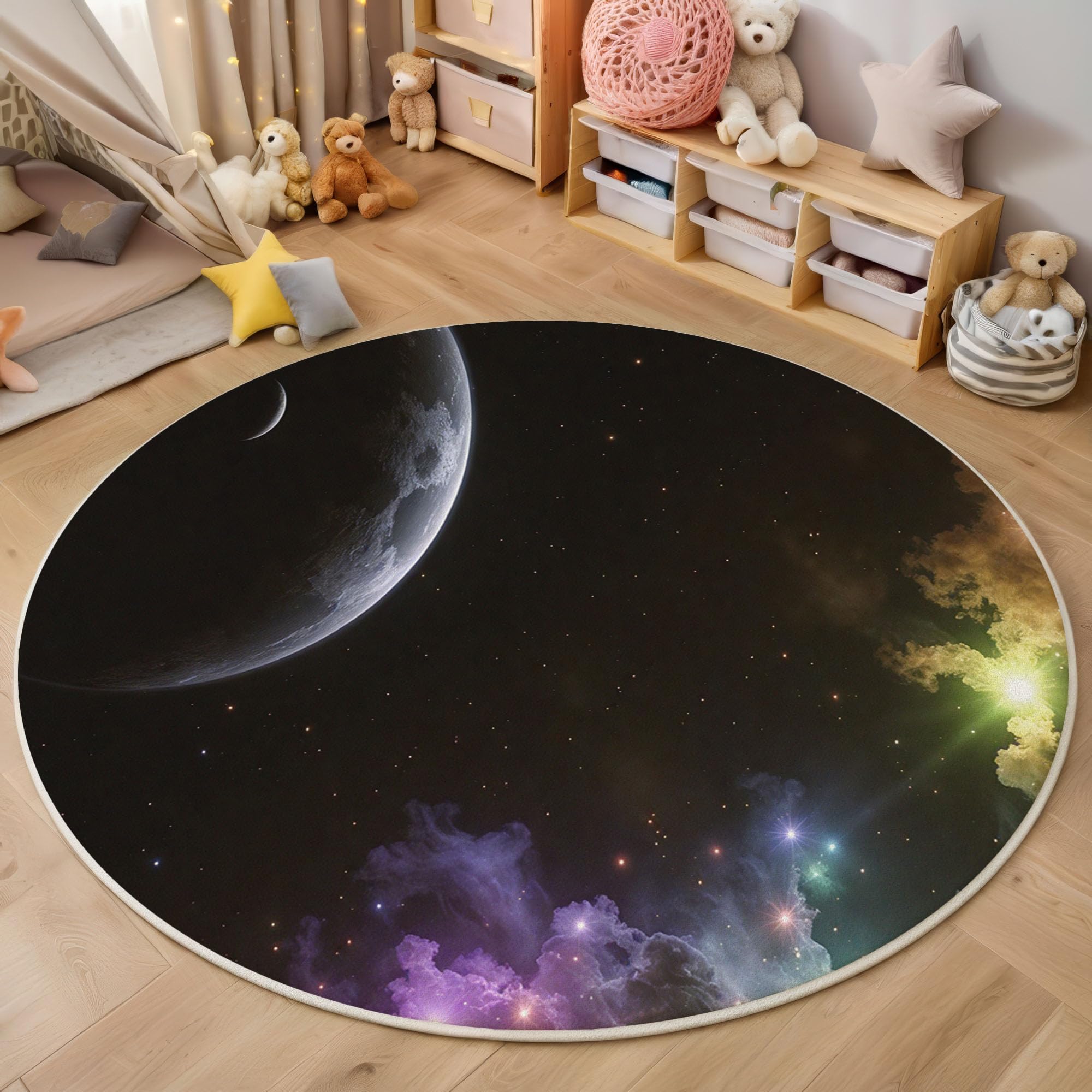 Tapis de salon lavable en machine rond 200cm motif nébuleuse lune