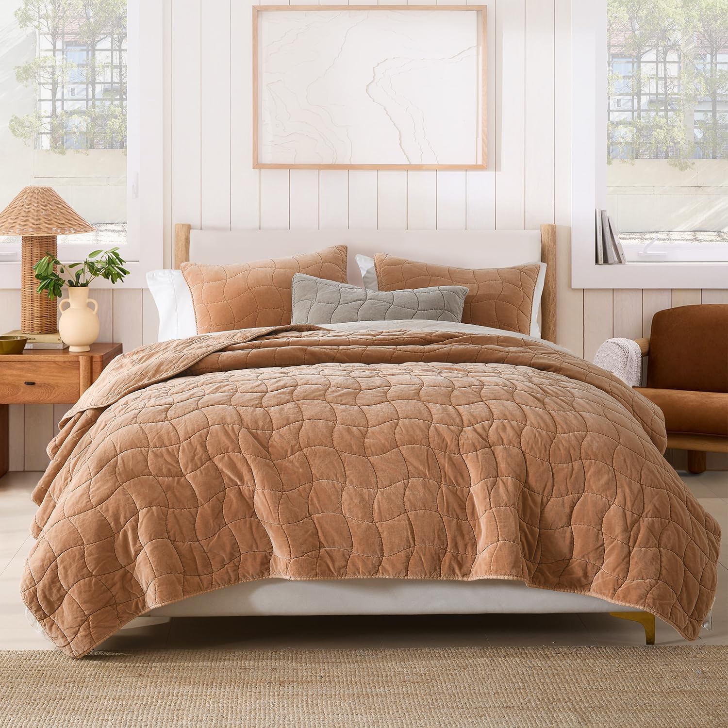 HORIMOTE HOME 100% Cotton Velvet Quilt King Size Set, Cozy Velvet Comforter Set, Stone-Washed Oversized King Bedspread Coverlet Bedding with 2 Shams, King/California King(106x96 Inch), Light Caramel Light Caramel King/Cal King(106"x 96")