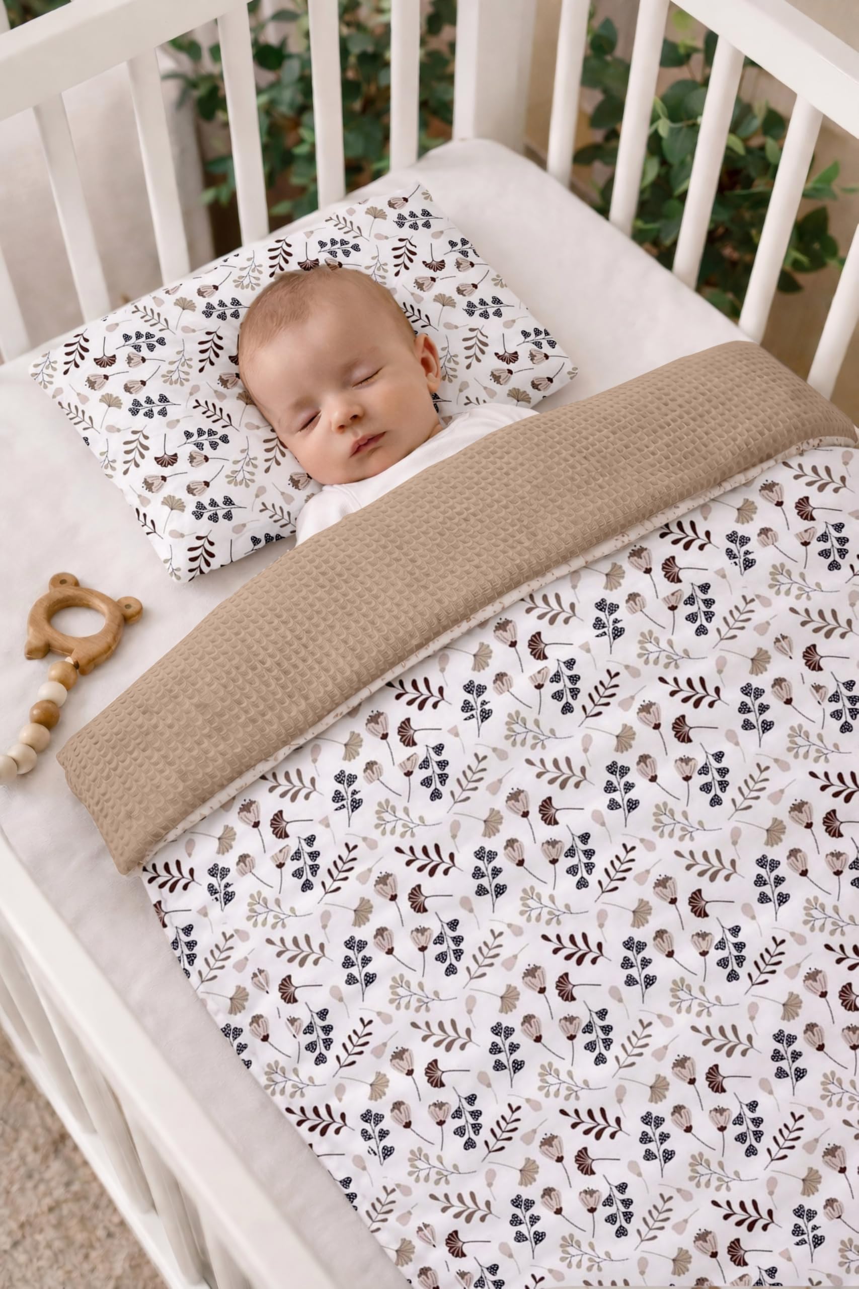 Babynest Nestchen Baby Set für Neugeborene – 5-teilig – Kuschelnest aus 100% Baumwolle & Waffelpique – Babykokon tragbar – für Babybett, Kinderbett & Kinderwagen – OEKO-TEX - Zweige und Braun