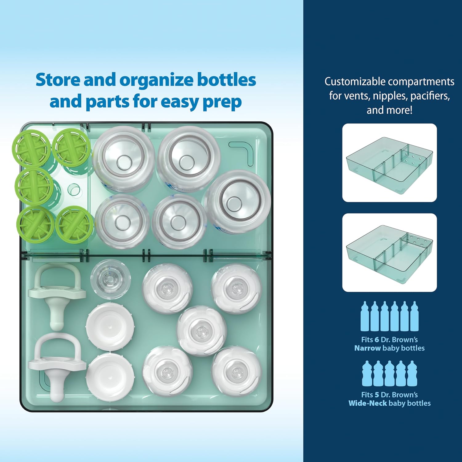 Dr. Brown's Baby Bottle Storage Tray with Customizable Compartments, Store and Organize Bottles, Parts, and Accessories, BPA-Free (Pack of 2)