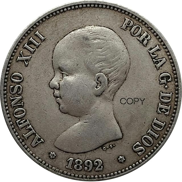Foto 5 de 6 de QYZXTH España 1892 5 Pesetas Alfonso XIII Plata Copia Conmemorativa Moneda Moneda Monedas de Colección-Plata
