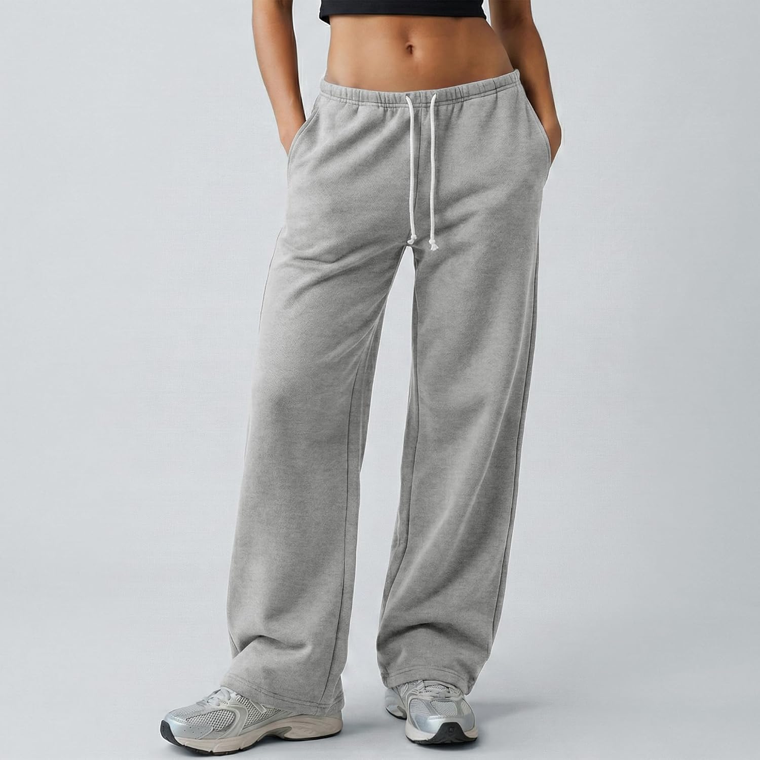 GIVON Women's Fleece Sweatpants Soft Cotton 100% Wide Leg Drawstring Casual Baggy with Low Waist