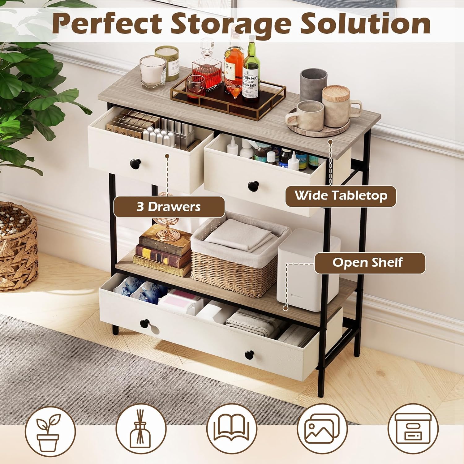 GOFLAME 32” Narrow Console Table with 3 Fabric Drawers, Behind Couch Sofa Table with Storage, Wooden Top & Metal Frame, Farmhouse Entryway Tables for Living Room, Hallway, Gray Oak & Beige