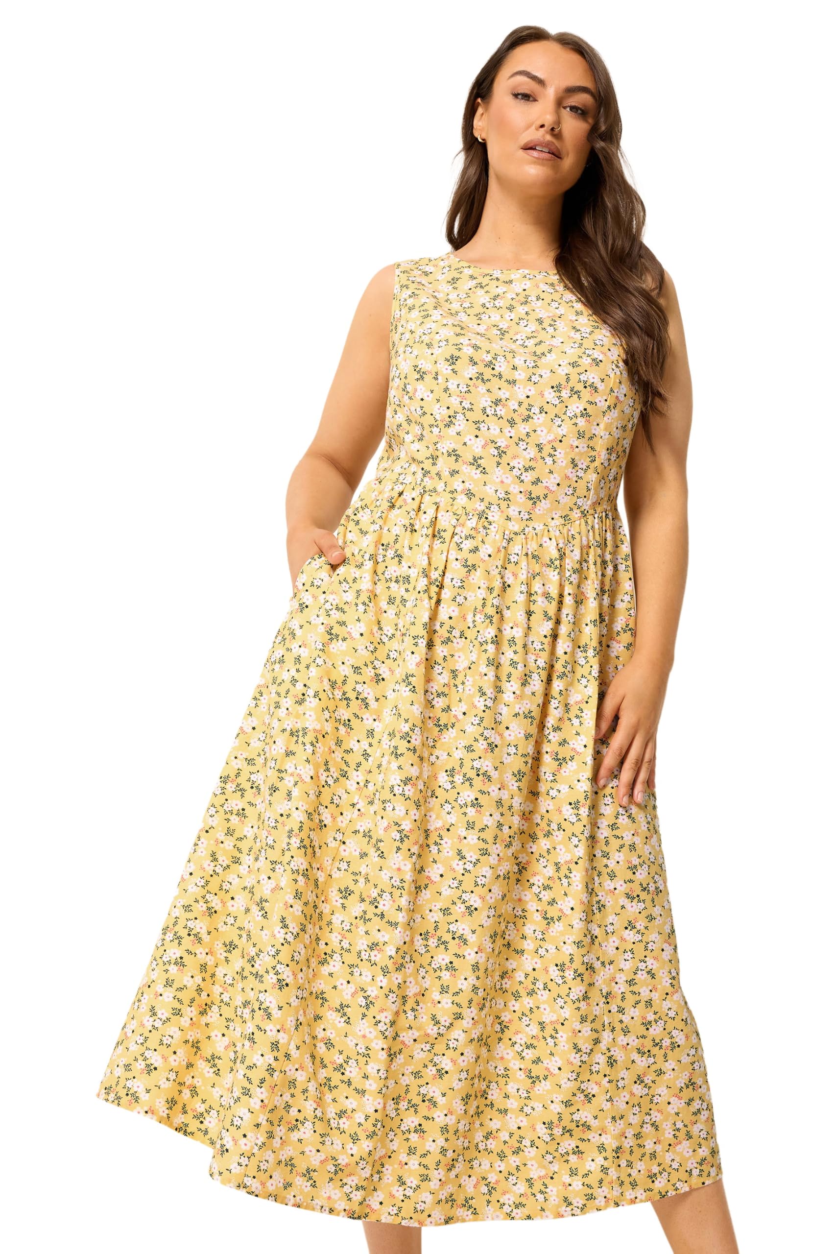 Yours Women's Yellow Disty Floral Linen Maxi Dress In | Size: 22-24