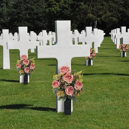 Miniatura 2 de Juego de 2 ramos funerarios de rosas falsas blancas con jarrón de seda, arreglo floral conmemorativo para tumbas al aire libre, lápidas de cementerio