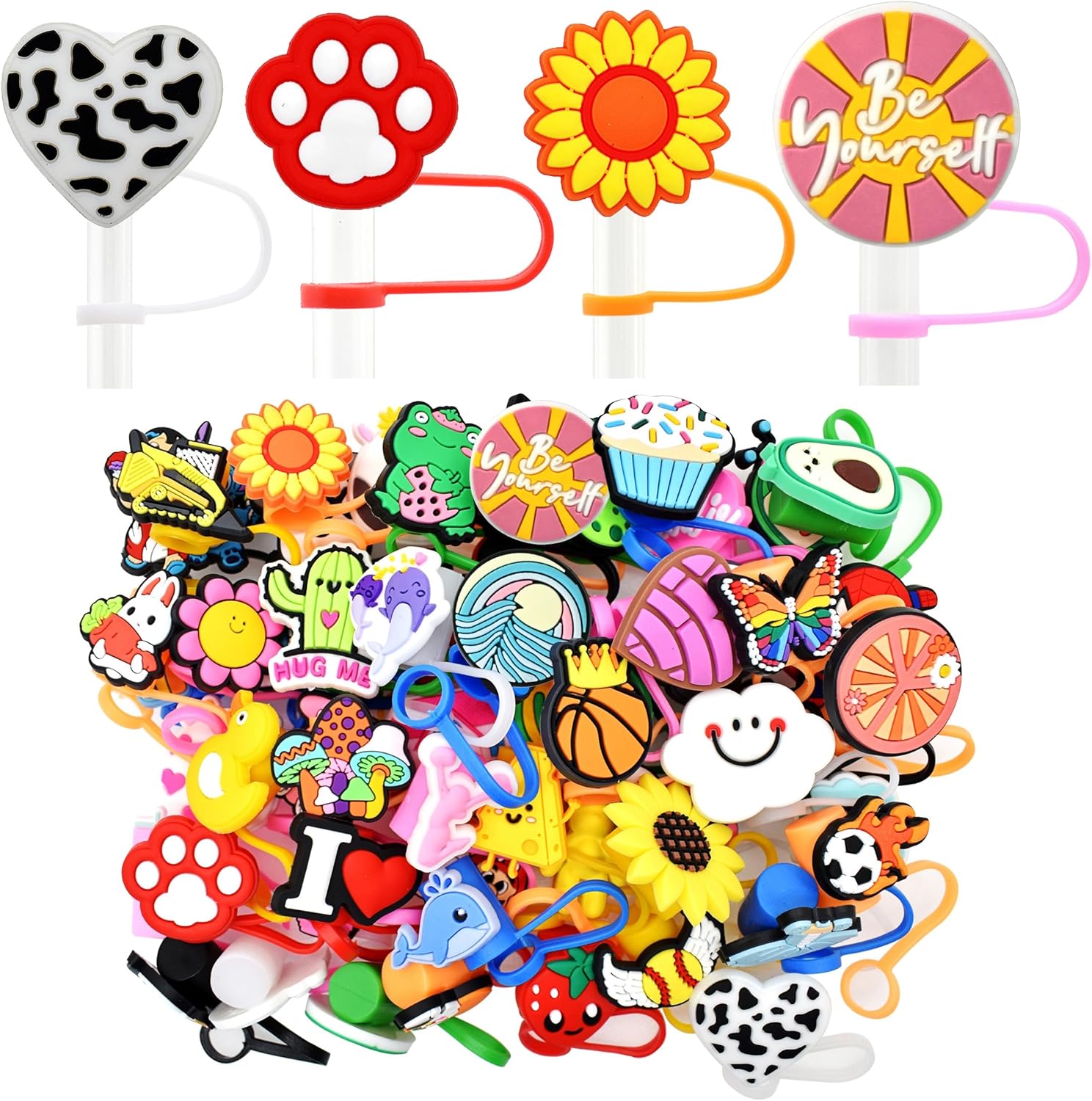 Gibleitz Random Different 10mm Straw Cover Caps for Tumbler Cup,100PCS Mixed Cute PVC Straw Toppers, Dust-Proof and Reusable,Party Gifts
