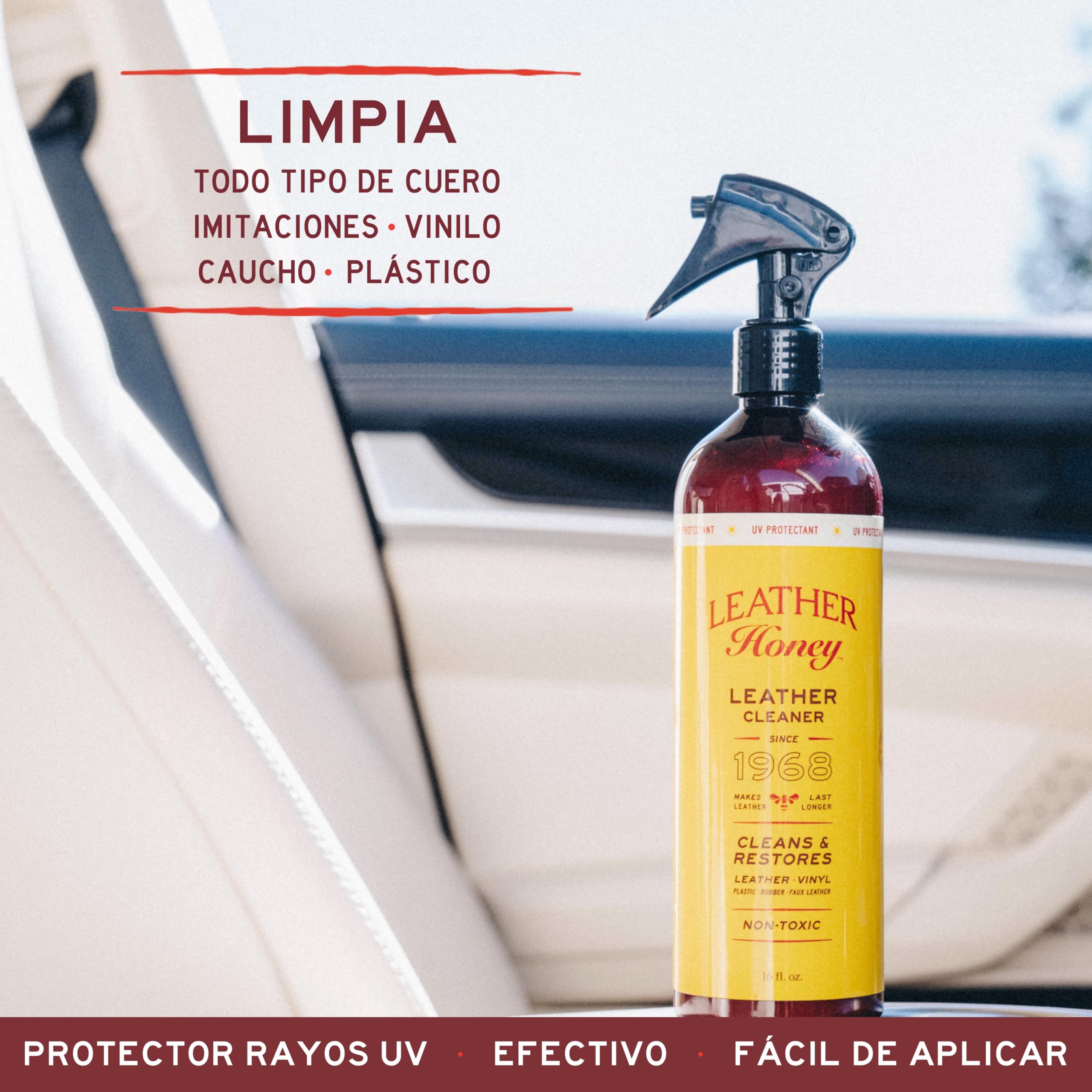 Spray limpiador Leather Honey: protector UV, no tóxico y fabricado en EE. UU. desde 1968. Limpia y protege cuero, imitación y vinilos, coches, bolsos, zapatos, etc. Seguro para cualquier color.