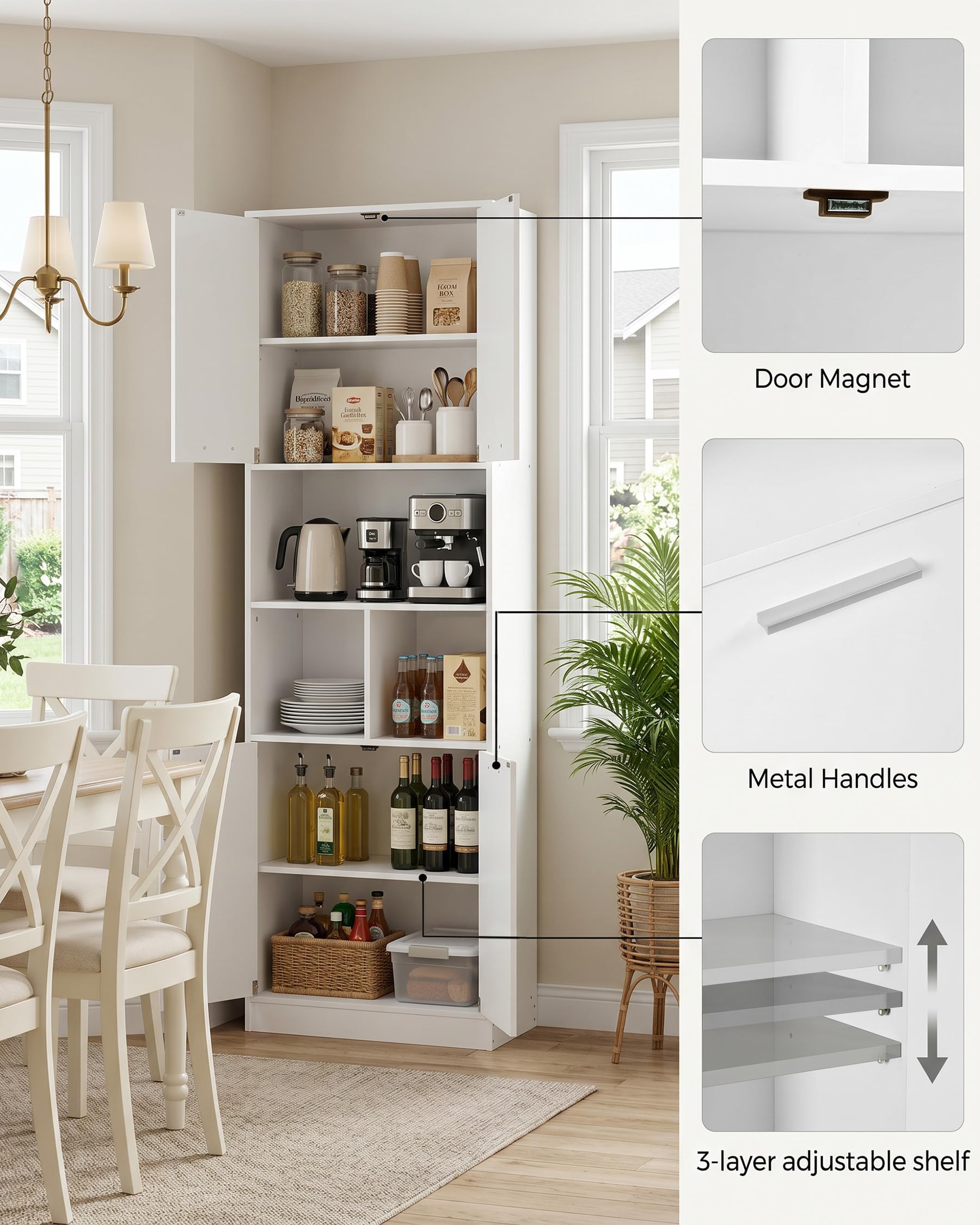 hitsuki Armario Cocina 60x40x180.5cm Mueble Almacenaje con Estantes Ajustables Vitrina para Cocina Salón Baño Blanco