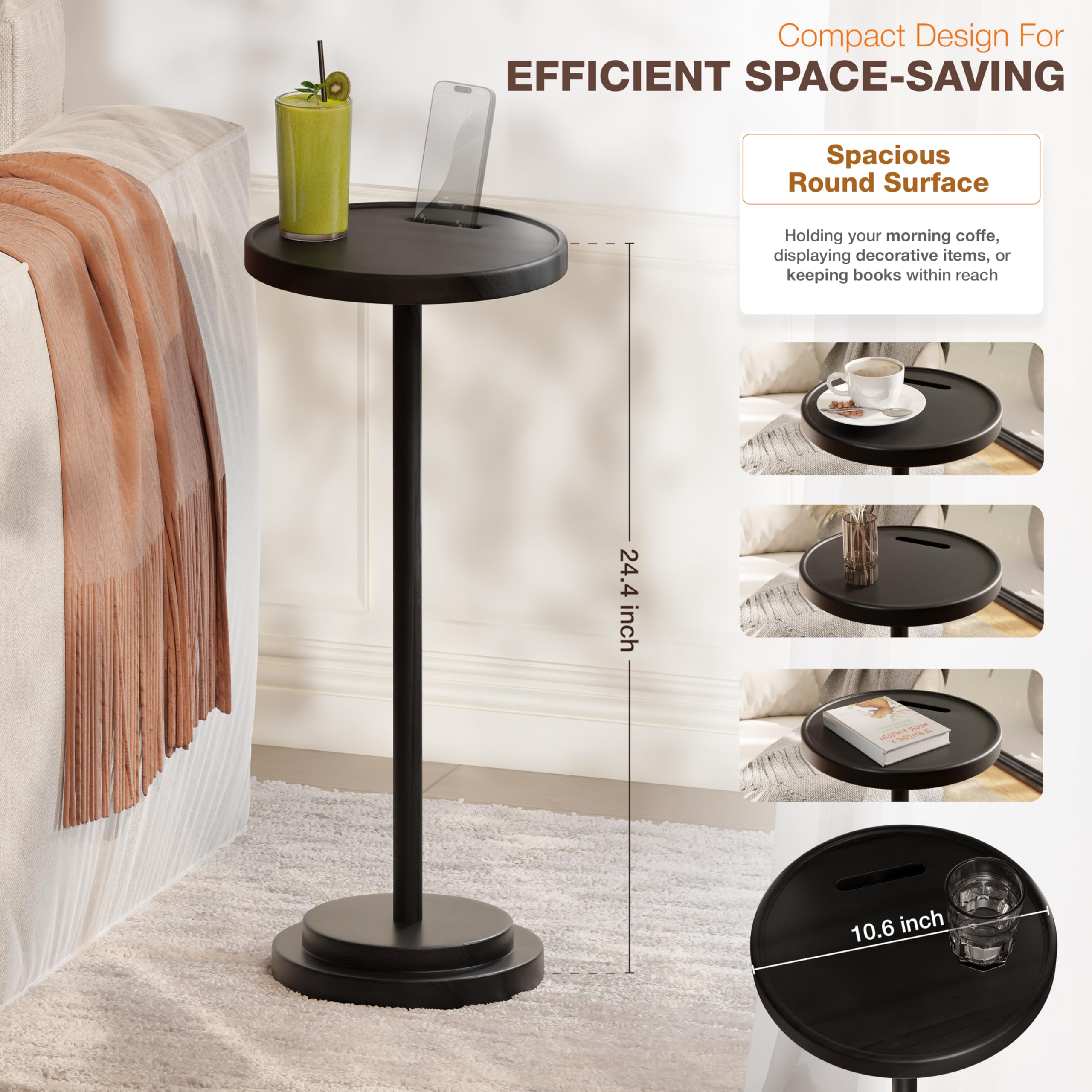 Mesa de bebidas, mesa auxiliar compacta de 24.4 pulgadas de alto con ranura para teléfono y base pesada, mesa de pedestal duradera para sala de estar (base escalonada, negro) 2