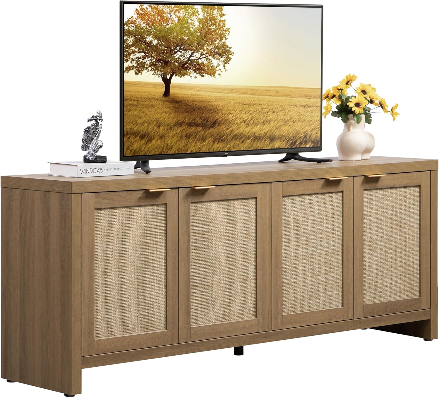 SICOTAS Boho Rattan TV Stand for 65" TVs - Farmhouse Entertainment Center with 4 Storage Doors for Living Room Bedroom