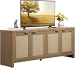 SICOTAS TV Stand pour salon Rattan Entertainment Center pour chambre avec 4 Rattan Cabinets Farmhouse TV Stands avec stockage pour les téléviseurs jusqu'à 50 55 60 65 Inch (Chêne léger rebaptisé)
