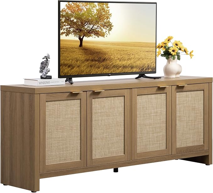 SICOTAS TV Stand for Living Room Rattan Entertainment Center for Bedroom with 4 Rattan Cabinets Farmhouse Television Stands with Storage Large Media Console Table for TVs up to 50 55 60 65 Inch