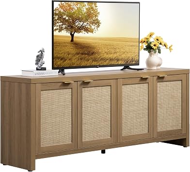 SICOTAS TV Stand for Living Room Boho Entertainment Center for Bedroom with 4 Rattan Cabinets Farmhouse Television Stands with Storage Large Media Console Table for TVs up to 65 Inch