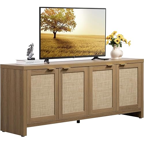 SICOTAS TV Stand for Living Room Boho Entertainment Center for Bedroom with 4 Rattan Cabinets Farmhouse Television Stands with Storage Large Media Console Table for TVs up to 45 50 55 60 65 Inch
