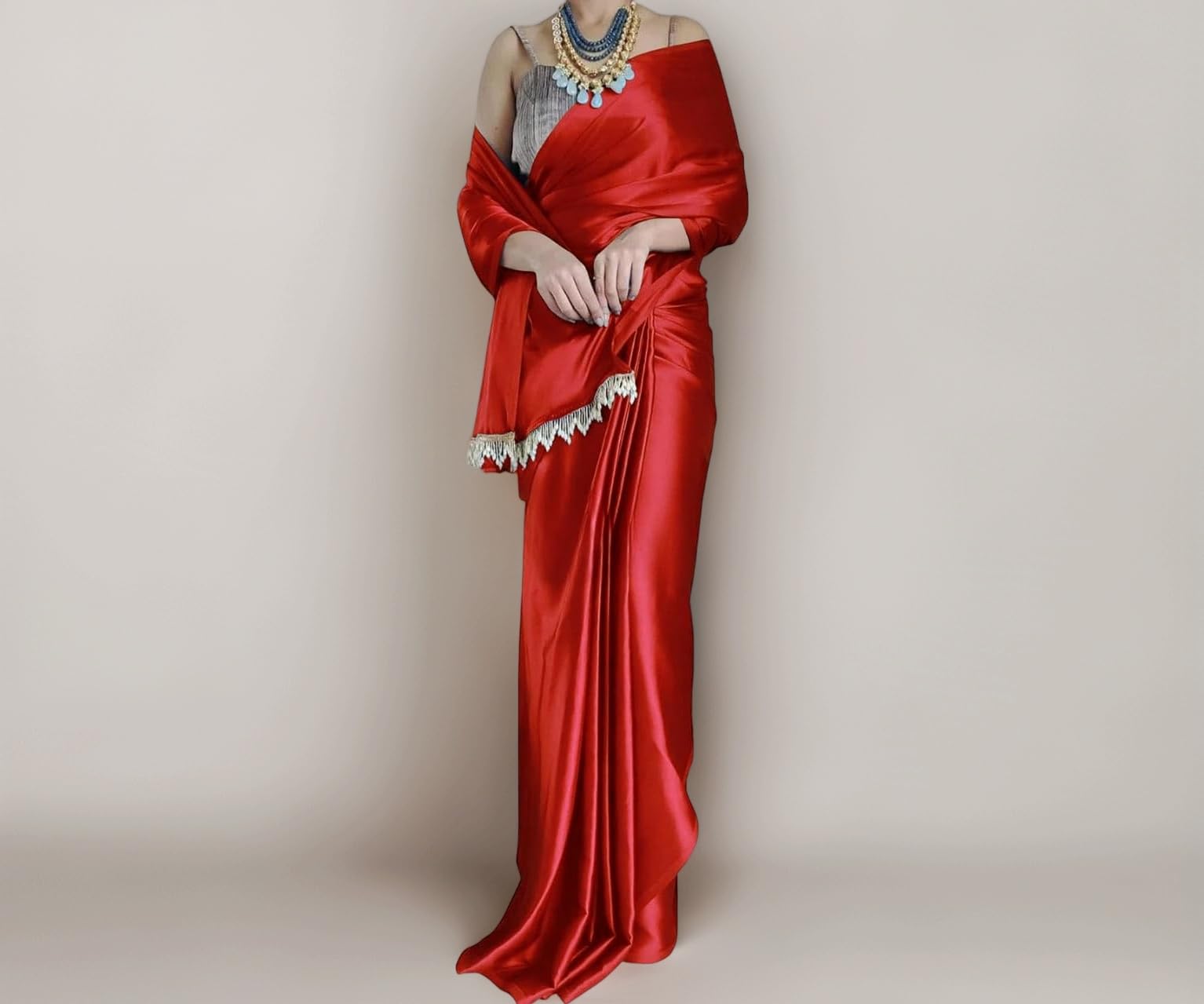 Women's Satin Silk Solid Plain Saree Shiv Shakti Red