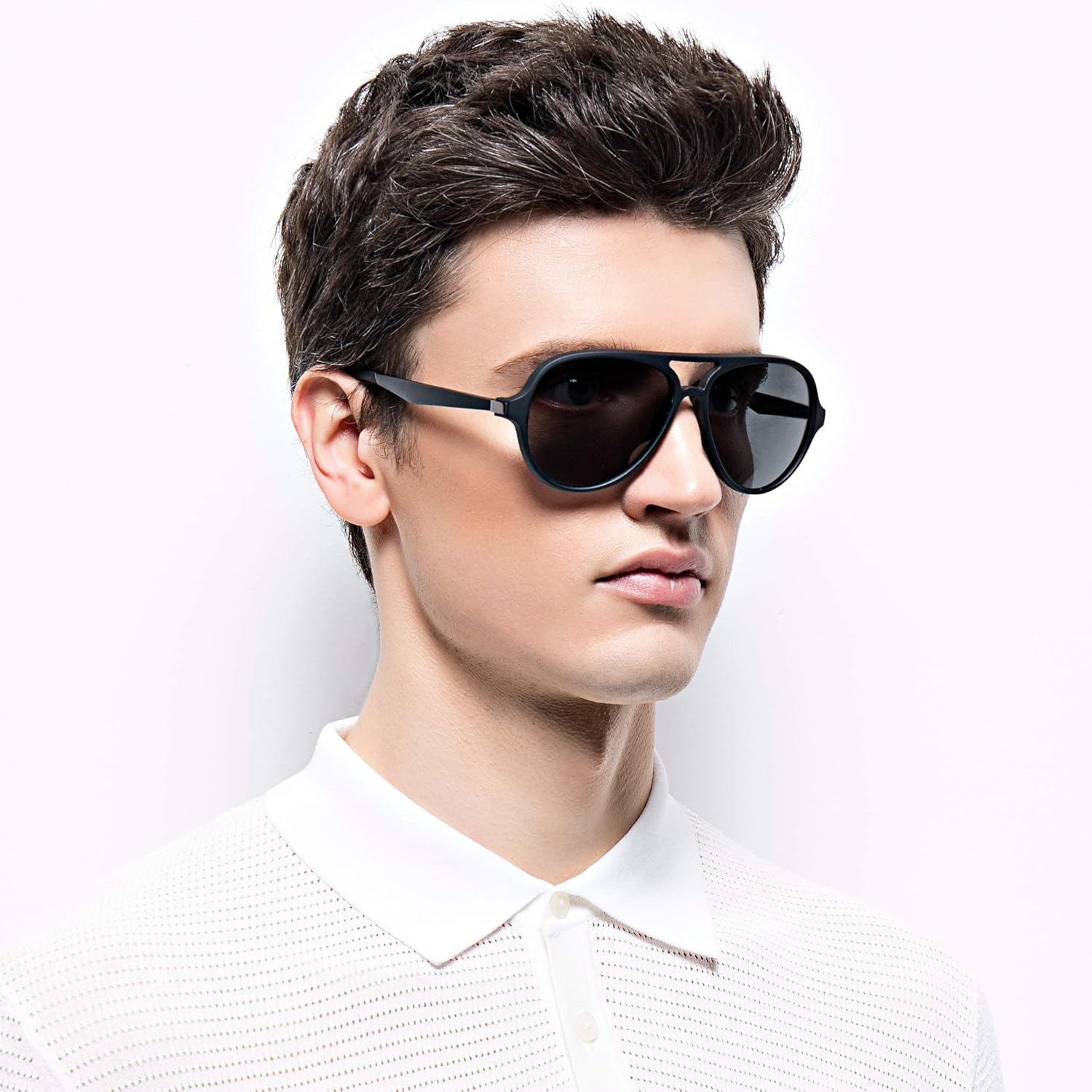 2 Pack Aviator Sunglasses For Men Polarized Lens Plastic Lightweight Double Bridge Frame UV Protection For Driving Matte Black Frame/Smoke Lens+Blue Frame/Blue Revo Lens - Image 3