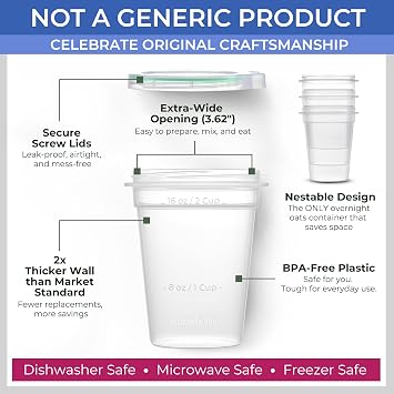 BubbleWally JoyPlus Plastic Overnight Oats Containers with Lids Green 16oz