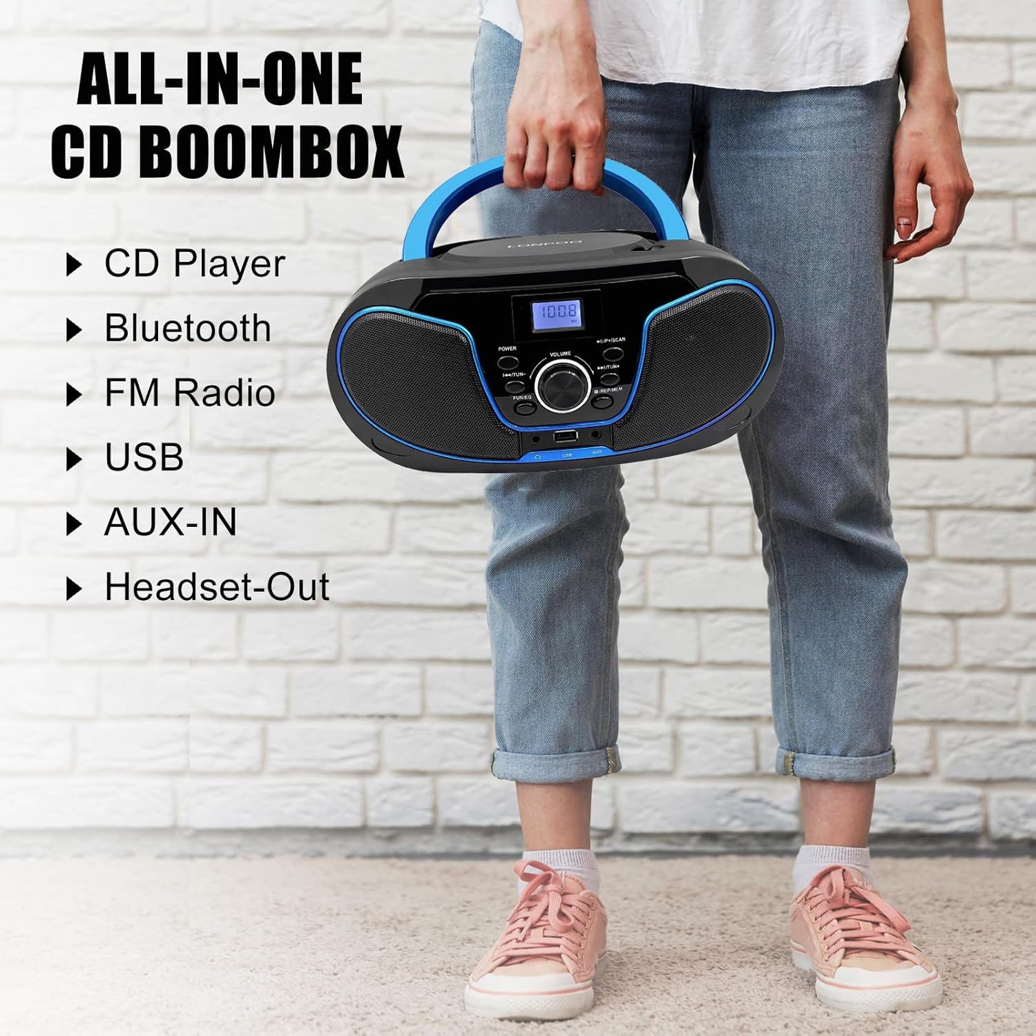 Person holding LONPOO Boombox, highlighting features