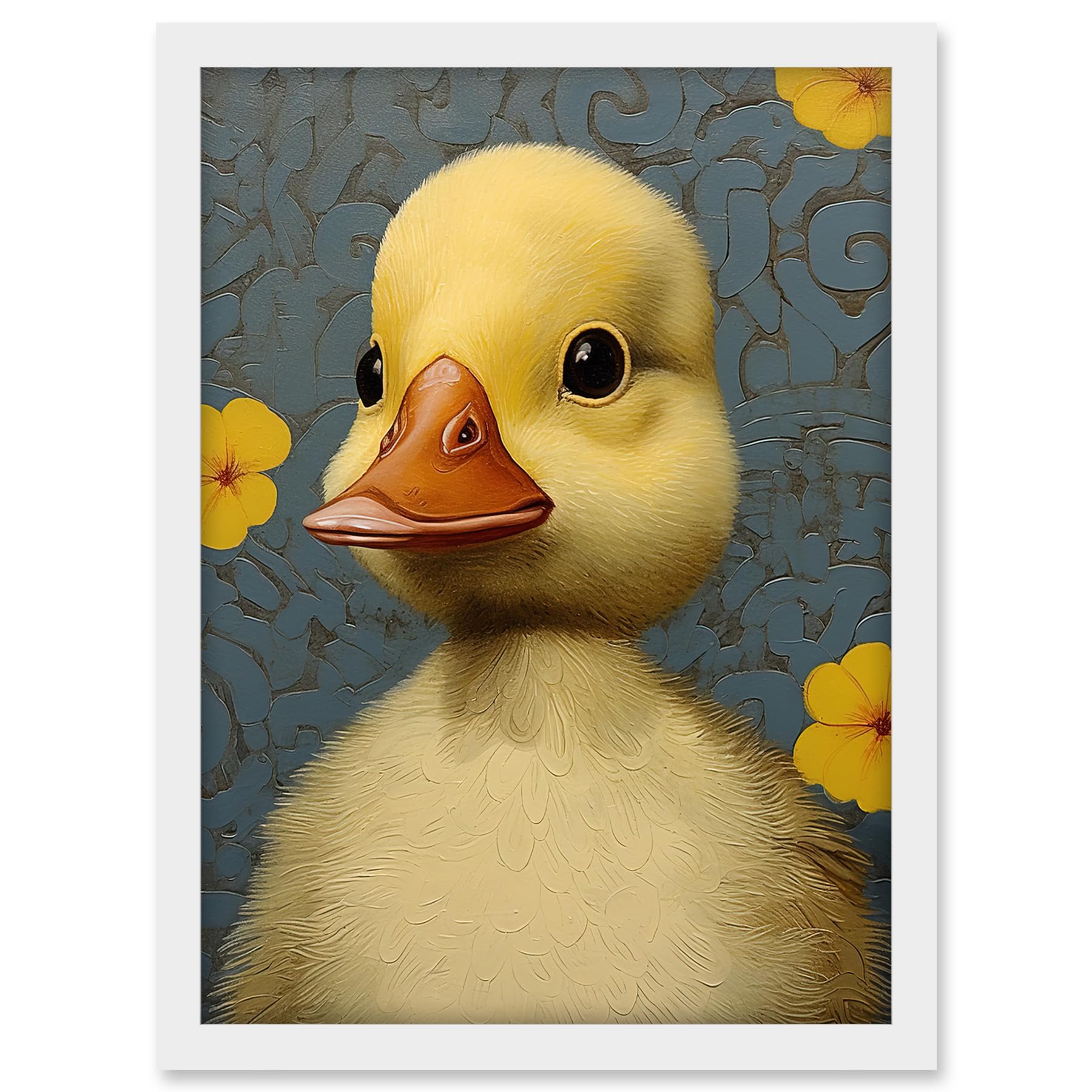 Artery8 Duckling with Flowers Oil Painting Kids Bedroom Baby Nursery Duck Artwork Framed A3 Wall Art Print