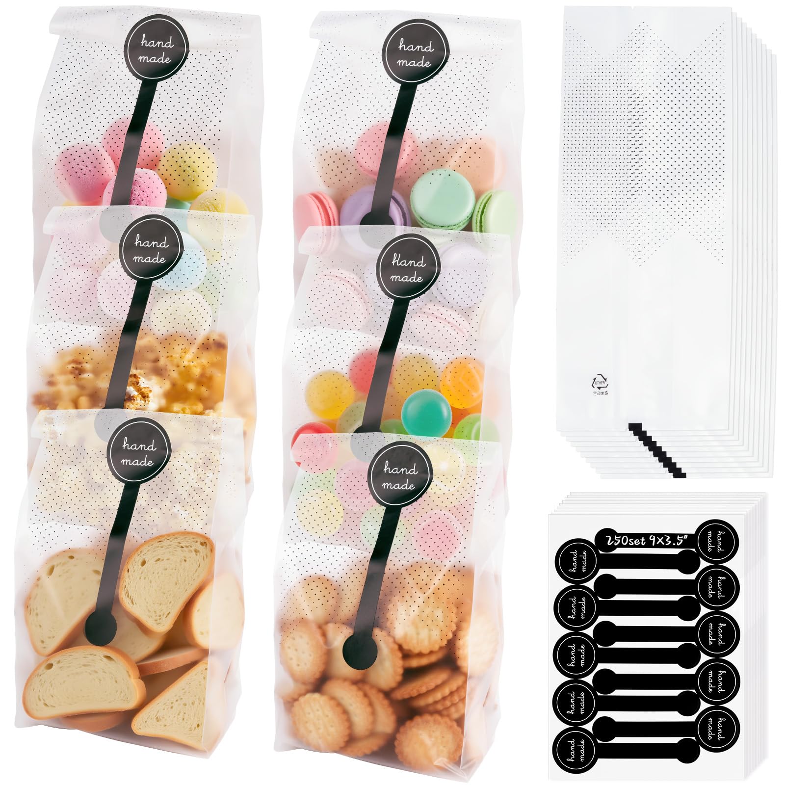 500 Pcs Translucent Plastic Cookie Bags, 250 Pcs Cellophane Bags with 250 Pcs Hand Made Stickers, 9×3.5 In Food Safe Treat Bag Biscuit Bag for Cakes Chocolates Candy Gift Wrapping,Bakery Party