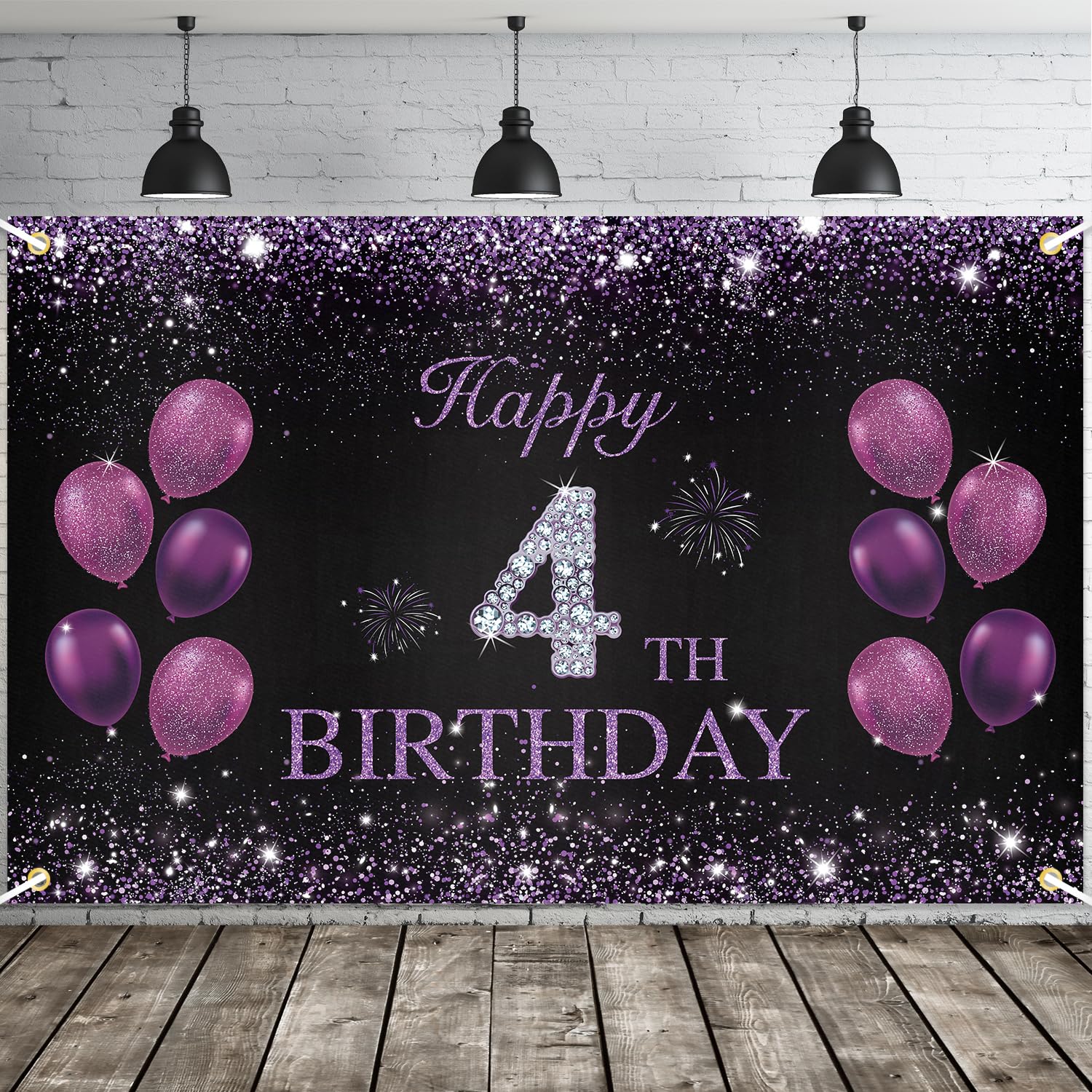 JOYKY Happy 4th Birthday Banner, Purple Happy 4th Birthday Party Decorations for Girls, 4 Year Old Birthday Supplies Backdrop Décor, 5.9 X 3.8 Fts