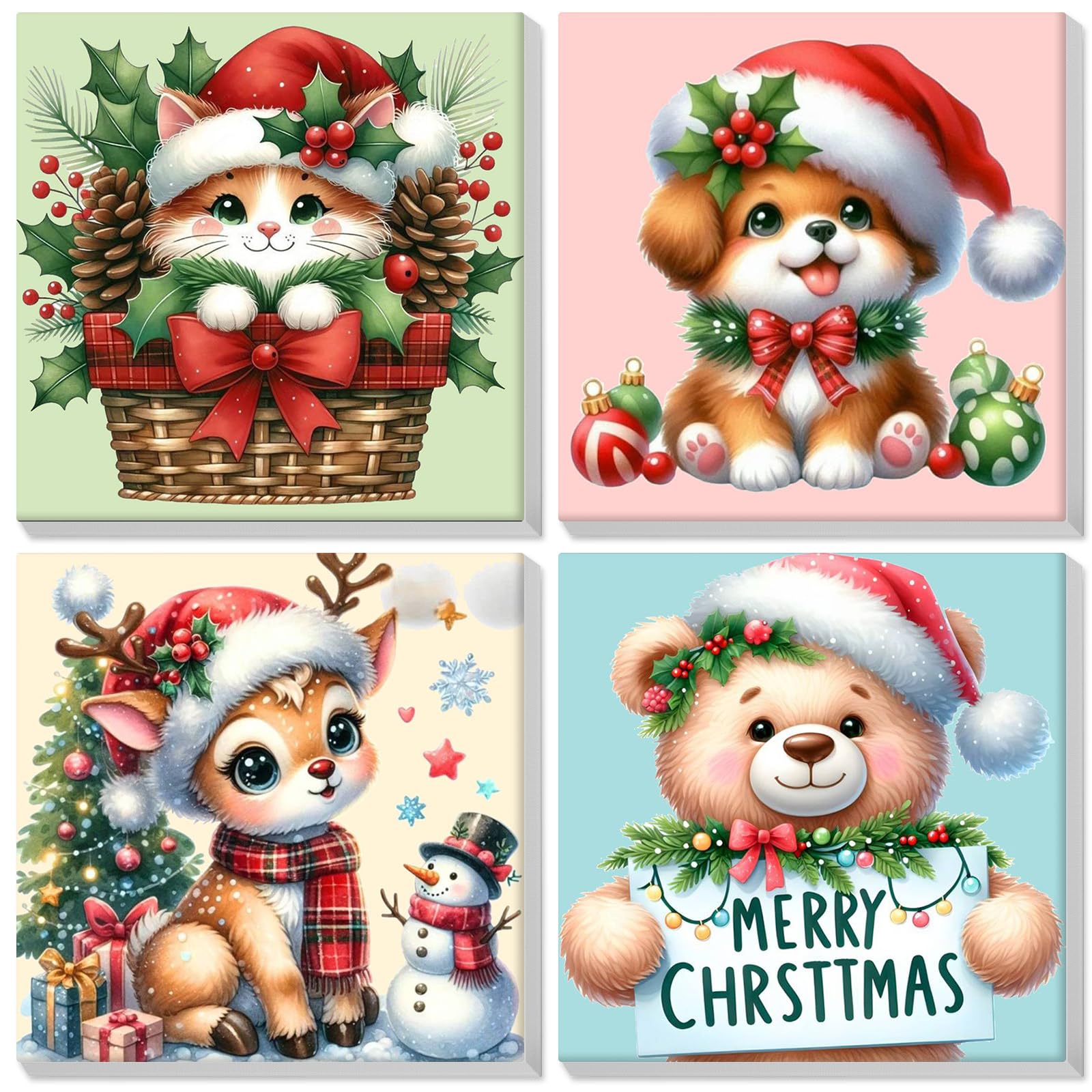 Lxmsja 4 Pack Paint by Numbers Christmas for Children Adults with Frame, Painting by Numbers Animals for Kids on Canvas, Diy Acrylic Painting Kit for Home Wall Decor, 8x8inch