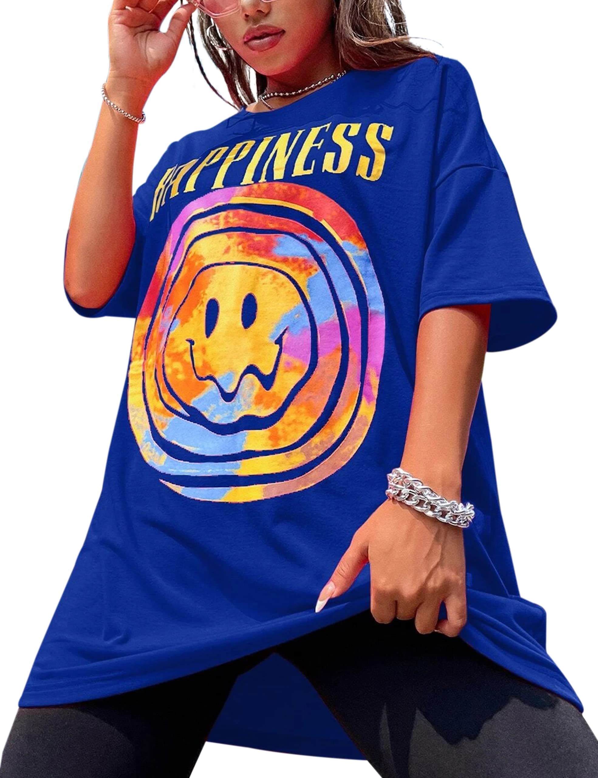 MISSACTIVERWomens Oversized Smile Letter Graphic T-Shirt Vintage Tie Dye Print Short Sleeve Loose Fit Drop Shoulder Tee Tops