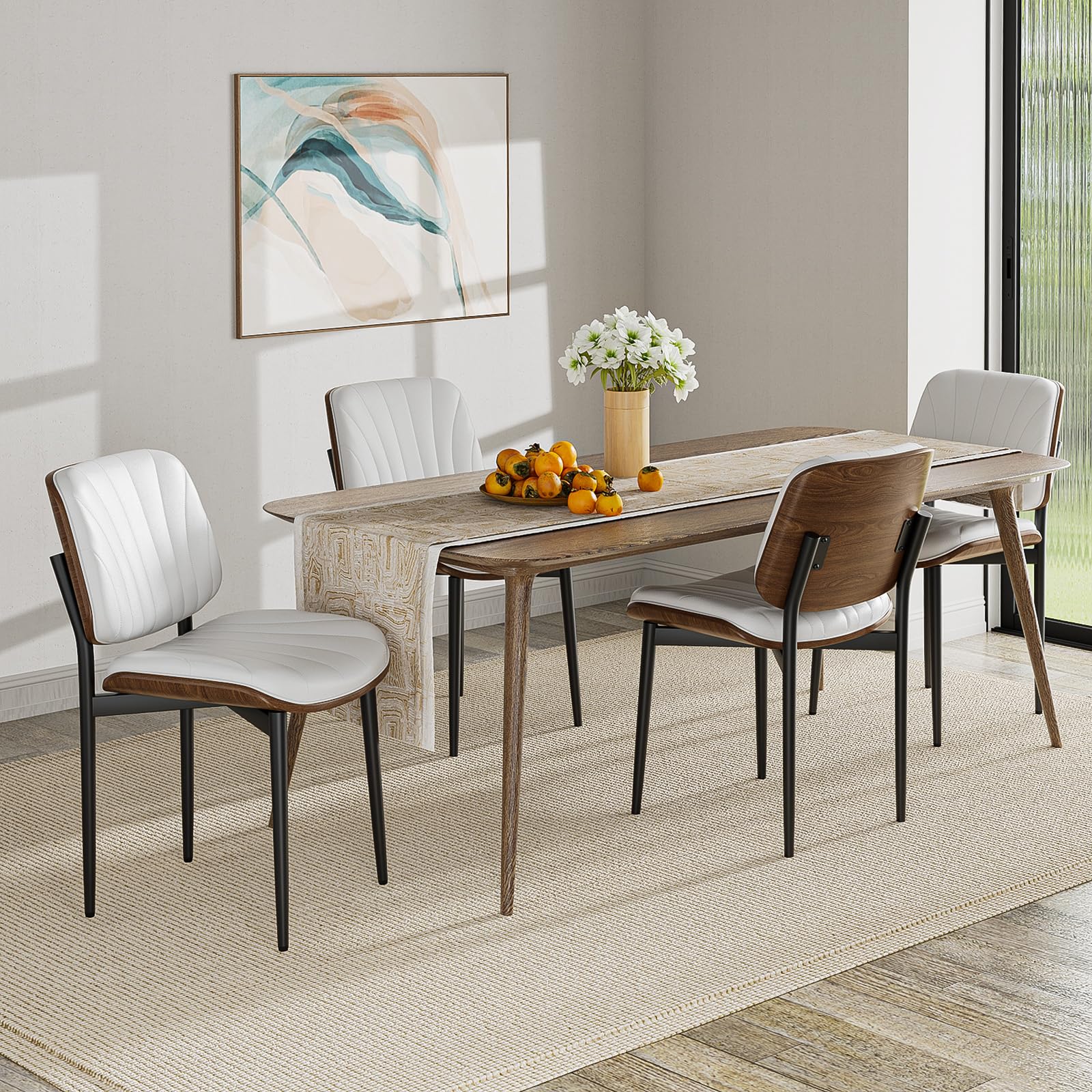 Aowos Dining Chairs Set of 4, Modern Kitchen Dining Room Chair, Leather Kitchen Chairs with Walnut Back and Metal Legs for Dining Room, Accent Chair