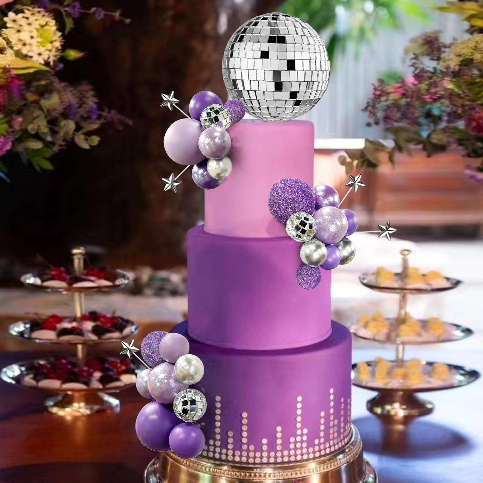 Topper Per Torta 38 Pezzi – Sfera Discoteca Viola E Foglie Palma – Decorazioni Compleanno - 3