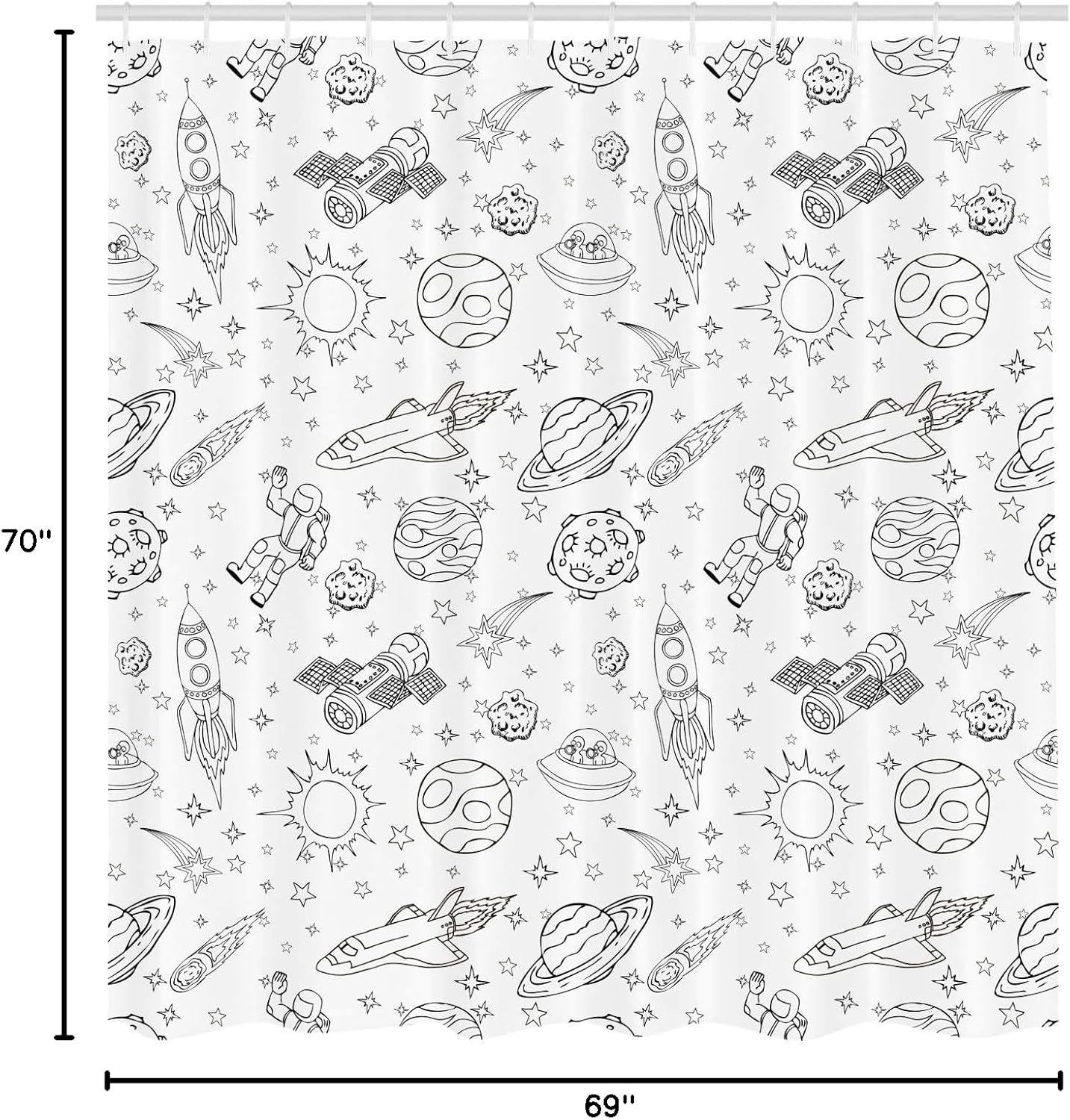 Ambesonne Cartoon Shower Curtain, Doodle Solar System Astronauts Space Crafts Shooting Stars Science Fiction Theme, Cloth Fabric Bathroom Decor Set with Hooks, 69" W x 70" L, White Ink