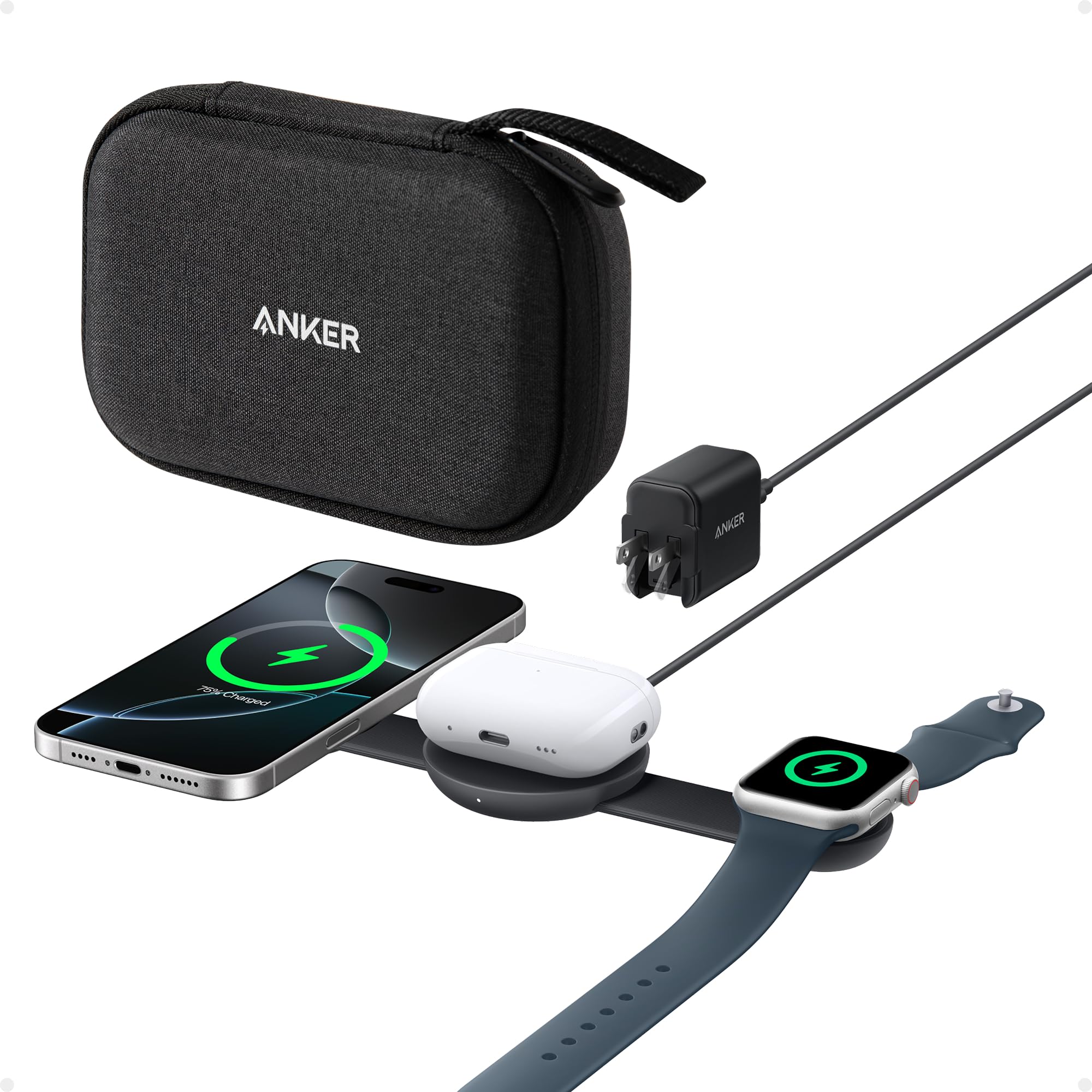 Anker MagSafe Compatible MagGo UFO 3-in-1 Charger, iPhone 17 Wireless Charging Station, 15W Qi2 Certified, Foldable Travel Charging Pad, for iPhone 17/16/15/14, AirPods, Apple Watch (Not a Power Bank): Black Stone With Travel Case & Adapter