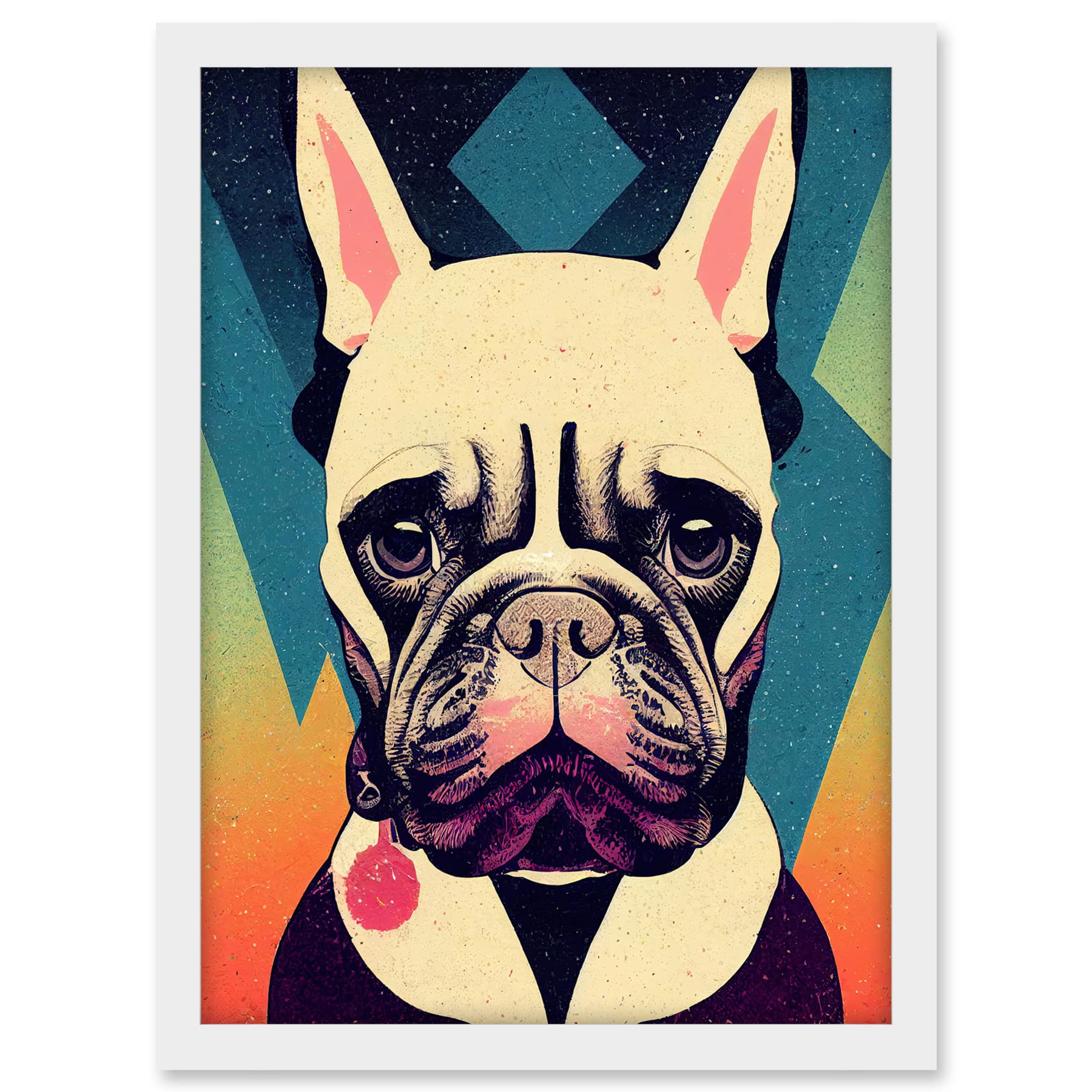 Wee Blue Coo French Bulldog Portrait Geometric Pastel Modern Illustration Artwork Framed A3 Wall Art Print