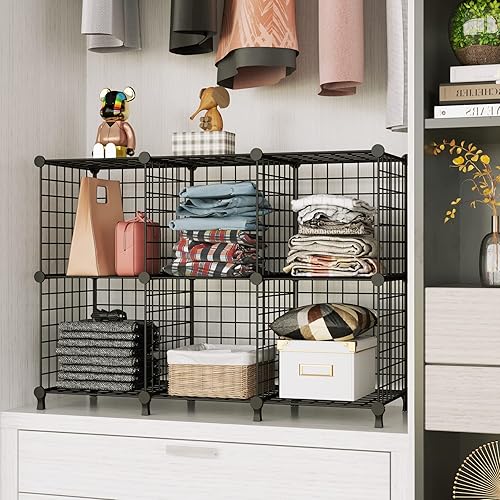 Miniatura 4 de AWTATOS Organizador de almacenamiento de cubos de alambre rejillas de metal estante de 9 cubos estantería apilable para armario organizador modular