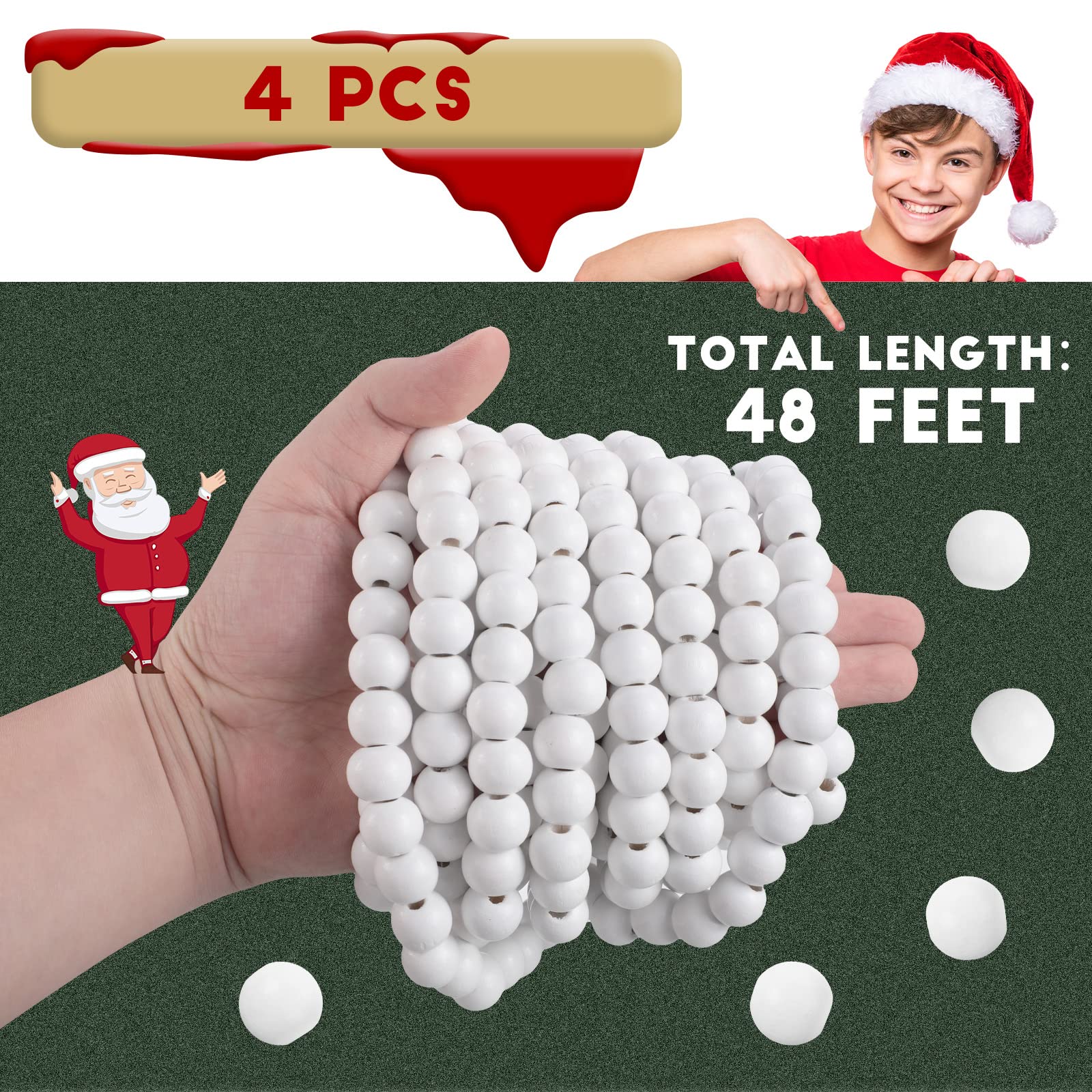 Giegxin Lot de 4 guirlandes de perles de Noël en bois pour sapin de Noël - Décoration d'intérieur rustique - Décoration murale bohème pour fêtes de Noël - 12,5 m (blanc)