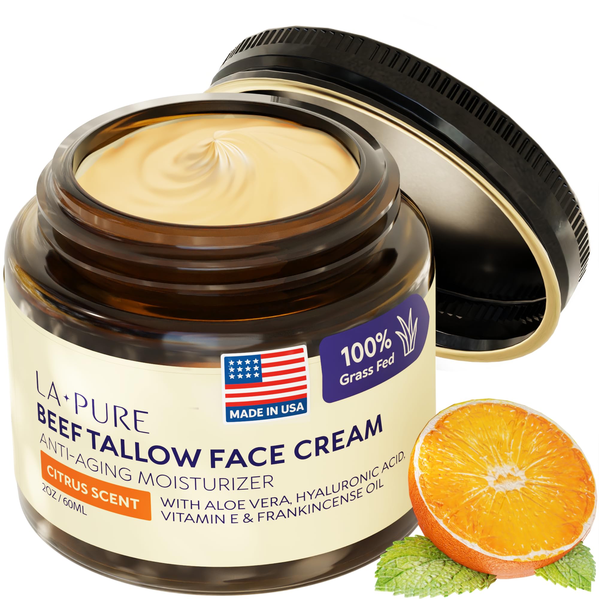 LA PURE Beef Tallow for Skin, Grass-Fed Tallow Face Cream with Aloe Vera, Hyaluronic Acid, Frankincense & Vitamin E to Hydrate, Firm, and Smooth Skin, Non-Greasy Moisturizer, Citrus Scent, 2 oz