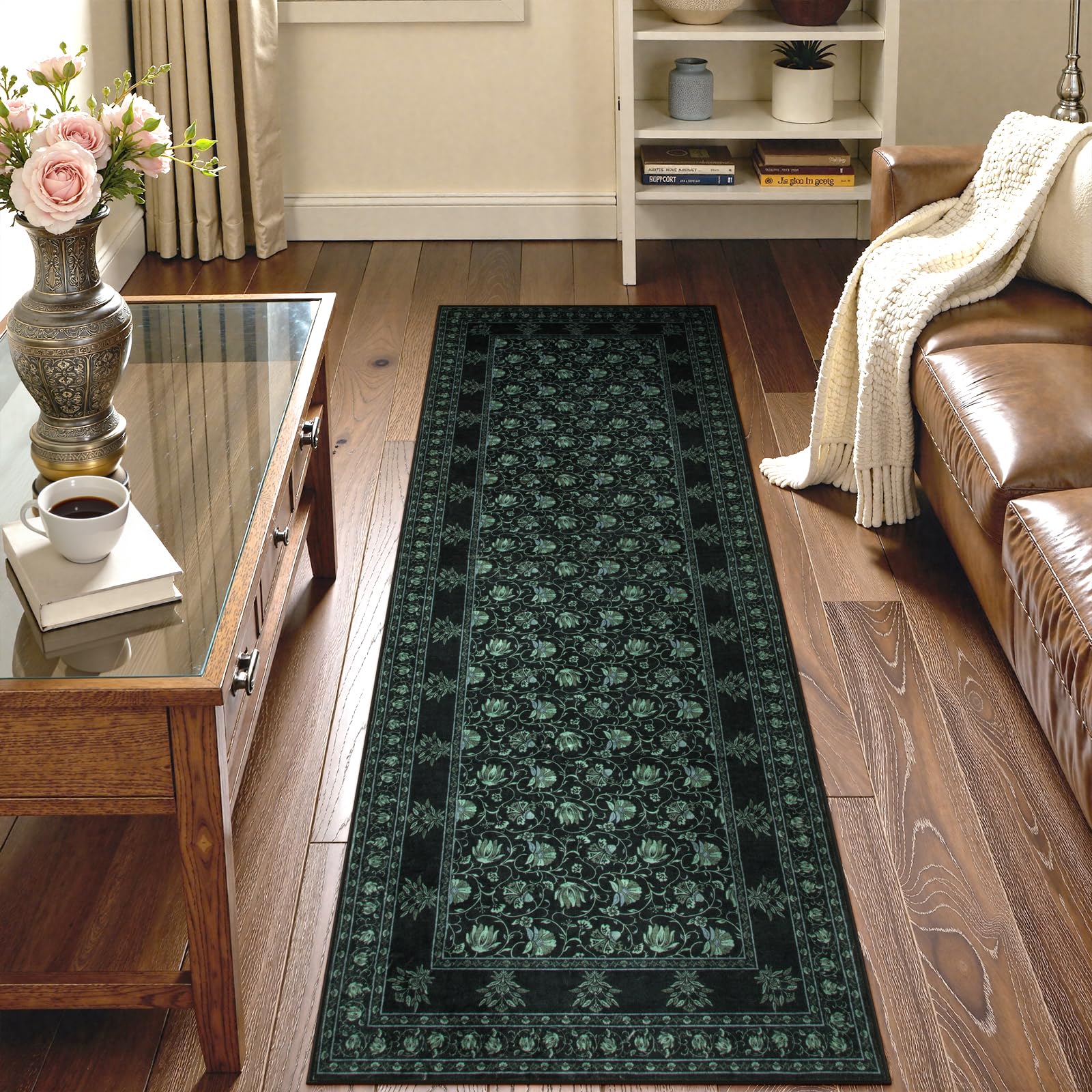 Lahome Black Kitchen Runner 2.5x8, Machine Washable Runners for Hallways, Vintage Floral Carpet Runners for Bedroom Laundry Room High Traffic (2'6"x8', Black/Green) 2.5' x 8' (Runner) Black/