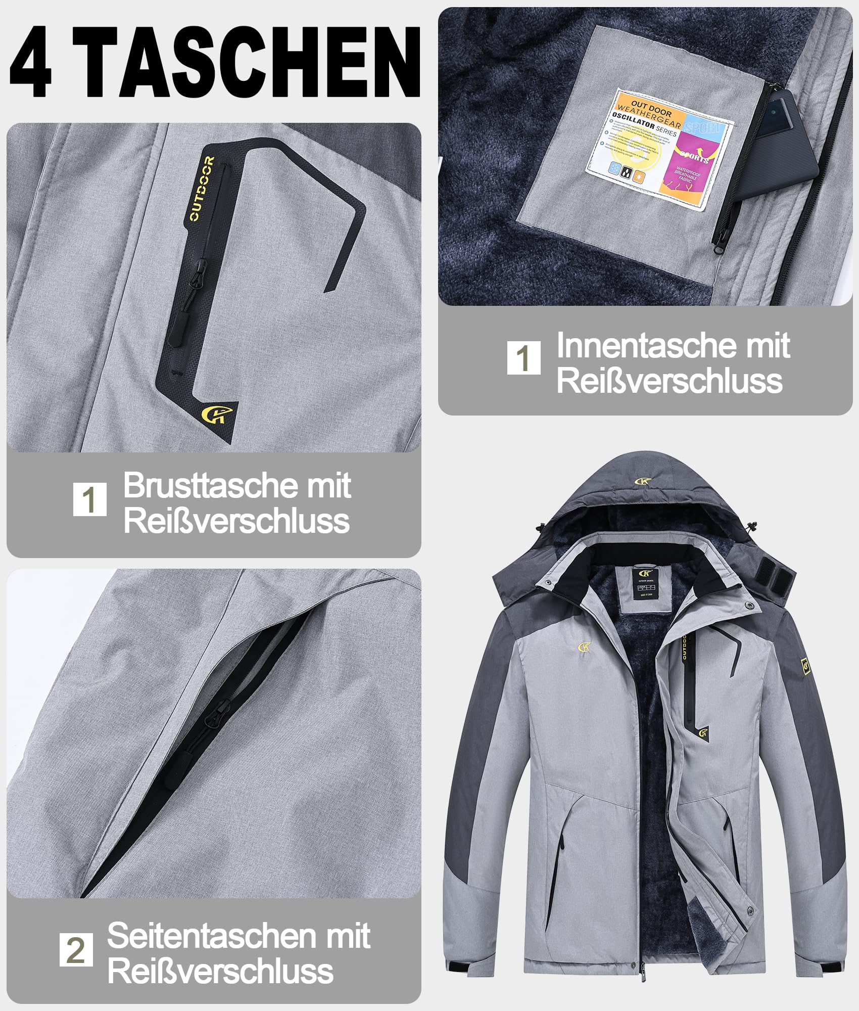 Tyhengta Herrenjacke Winter Fleece Skijacke Wasserdicht Outdoor Wanderjacke Winddicht Gefüttert Kapuze
