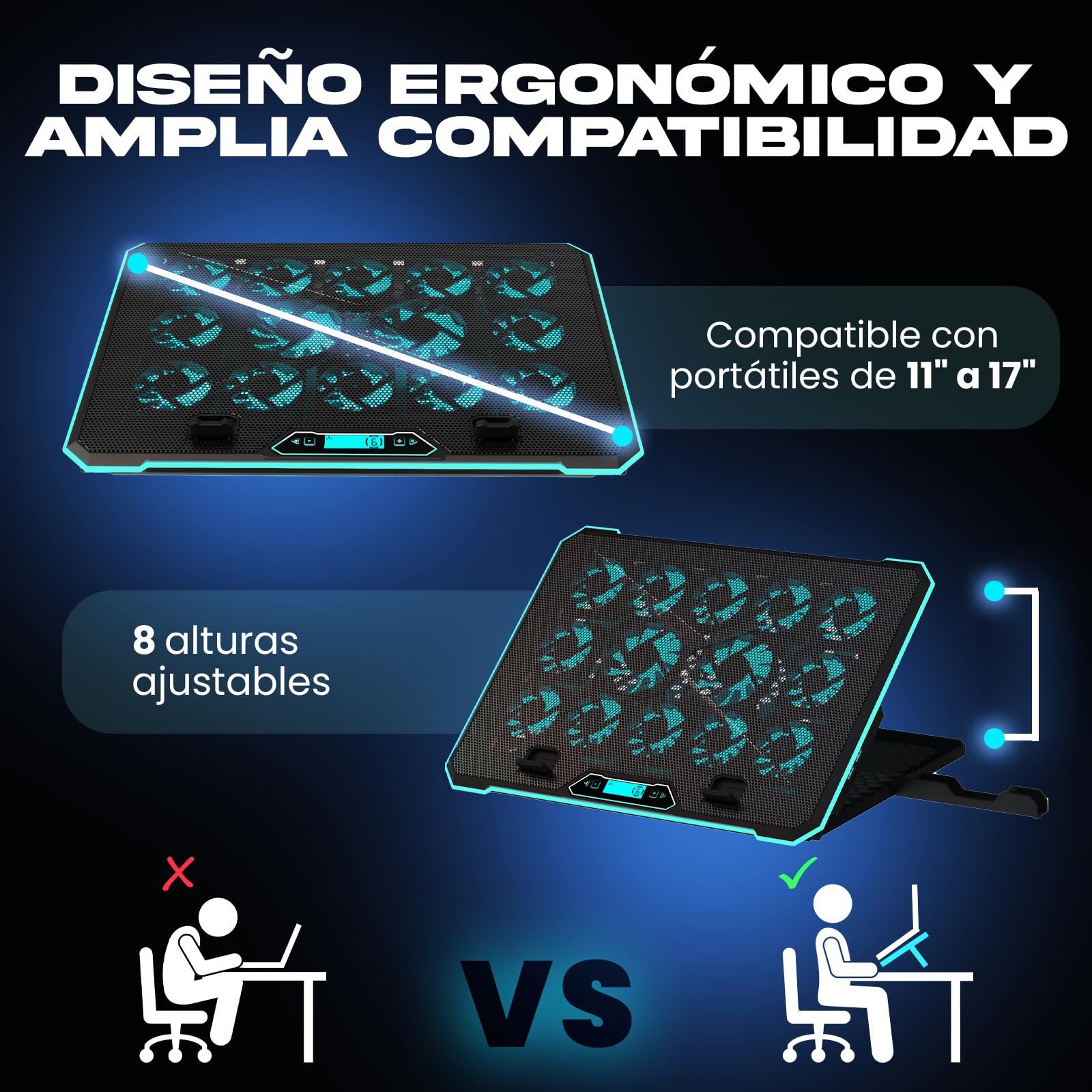 KLIM V14 Base Refrigeradora para Portátil Gaming con 14 Ventiladores + Nuevo + Soporte RGB Estable para Portátil con Ventilador + Compatible hasta 17" + 2 Puertos USB + Soporte para Teléfono