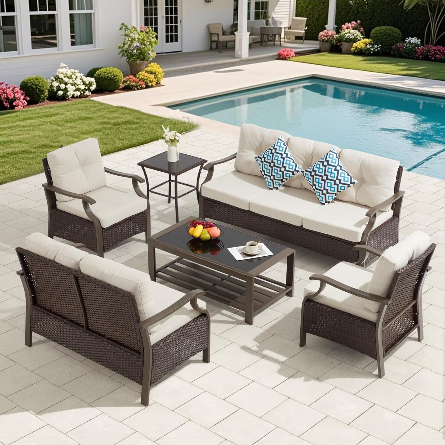 Outdoor Patio Furniture Set, 7 Pieces Outdoor Conversation Sets with Coffee Table, Side Table & Ottoman, Wicker Rattan Outdoor Sectional Sofa Set for Backyard, Deck, Porch, Poolside, Beig