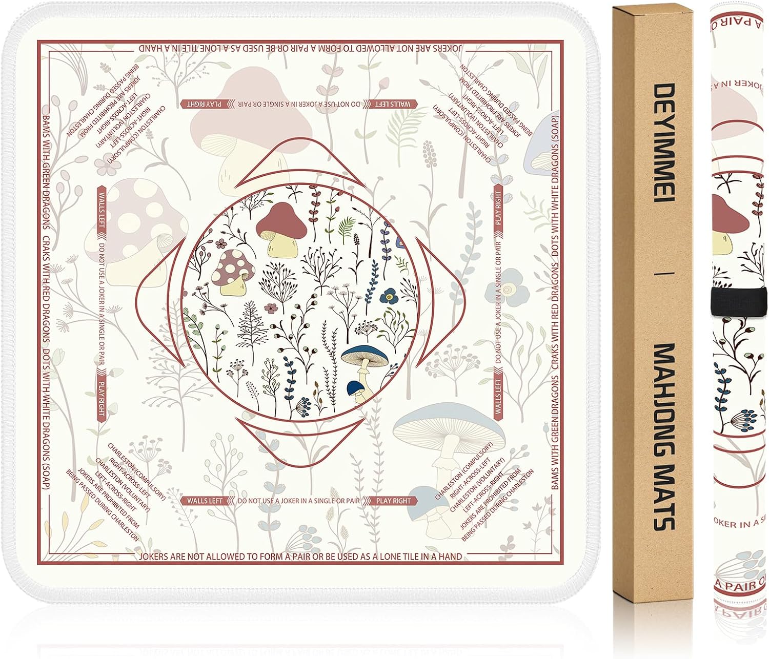 Deyimmei Neoprene Mahjong Mat for Table 31.5"x31.5" - Non-Slip, Noise Reduction Cover with Storage Pockets, American Rules & Crease-Free Rolled Shipping (Mushroom Blossom)