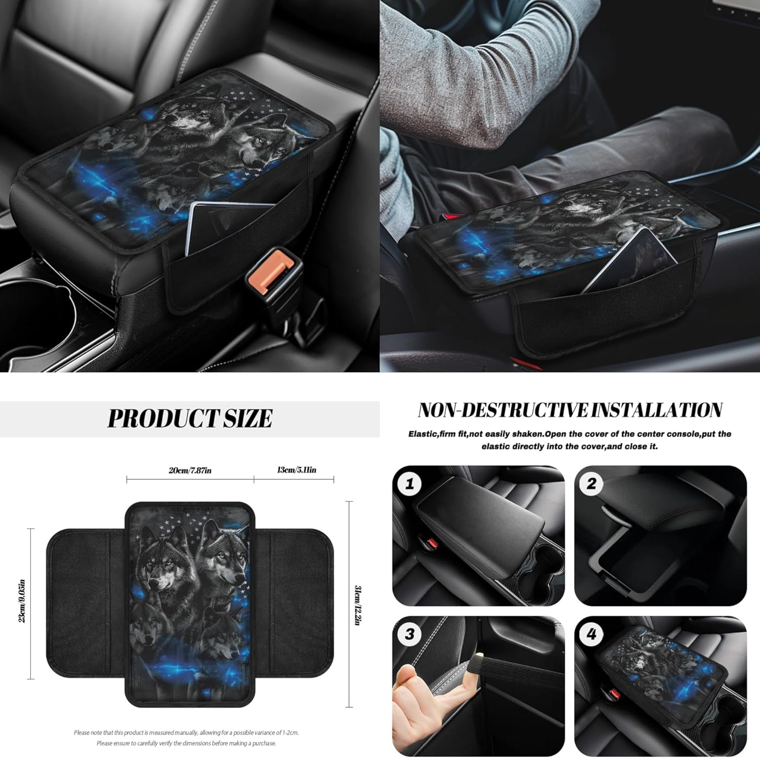 Wolf 14 Pack Car Seat Cover Set with Steering Wheel, US Flag Seat Belt Strap, Armrest, Rearview Mirror, Coaster, Gear Shift Knob Covers, Fit SUV, Sedans Van Truck, Interior Auto Accessory