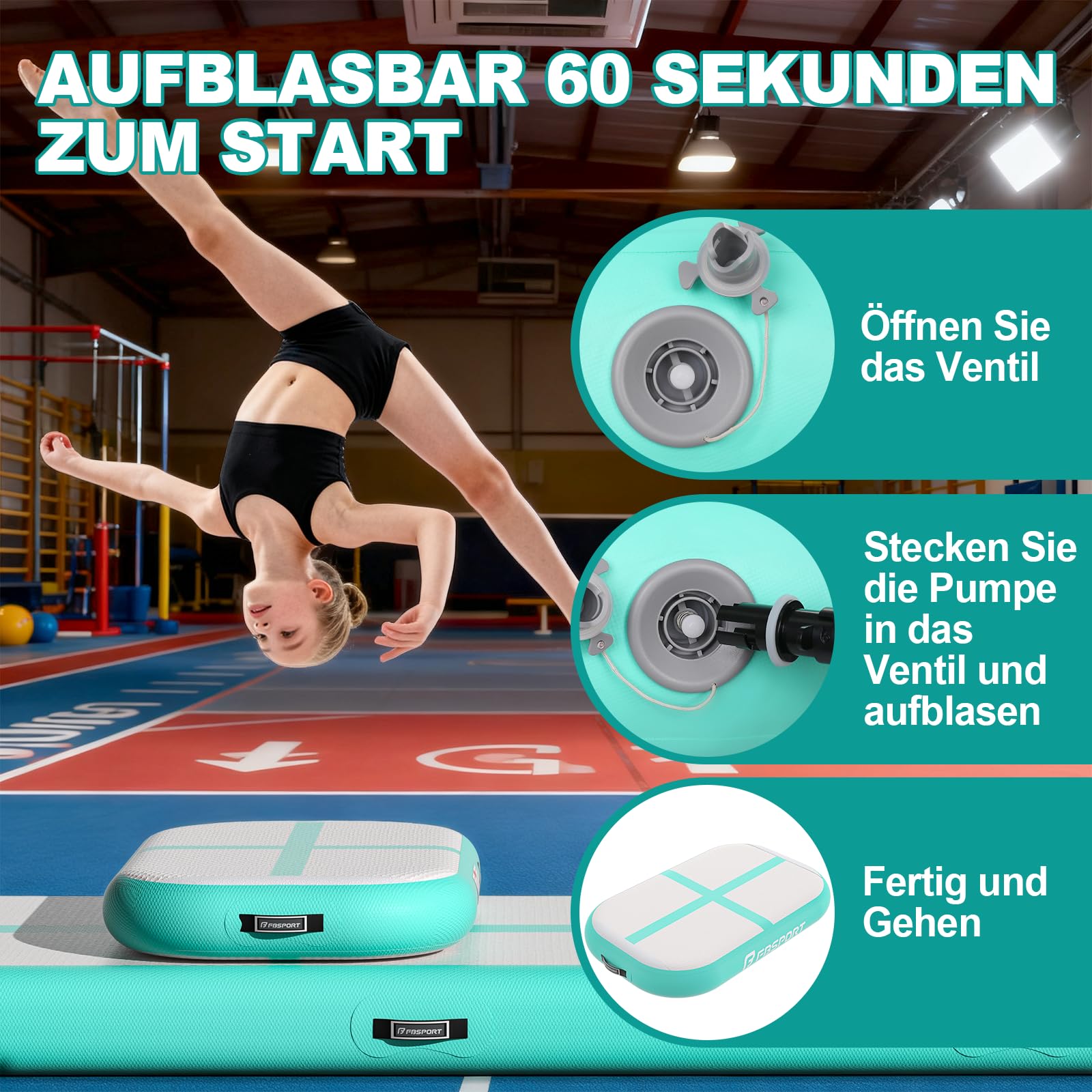 FBSPORT Airtrack Matte, Altezza 10 cm, Spessore 60 cm, Tumbling Matte Gonfiabile, Ginnastica con Pompa ad Aria, Tappeto da Allenamento con Borsa, Tappeto da Ginnastica per Casa, Esterno, Yoga